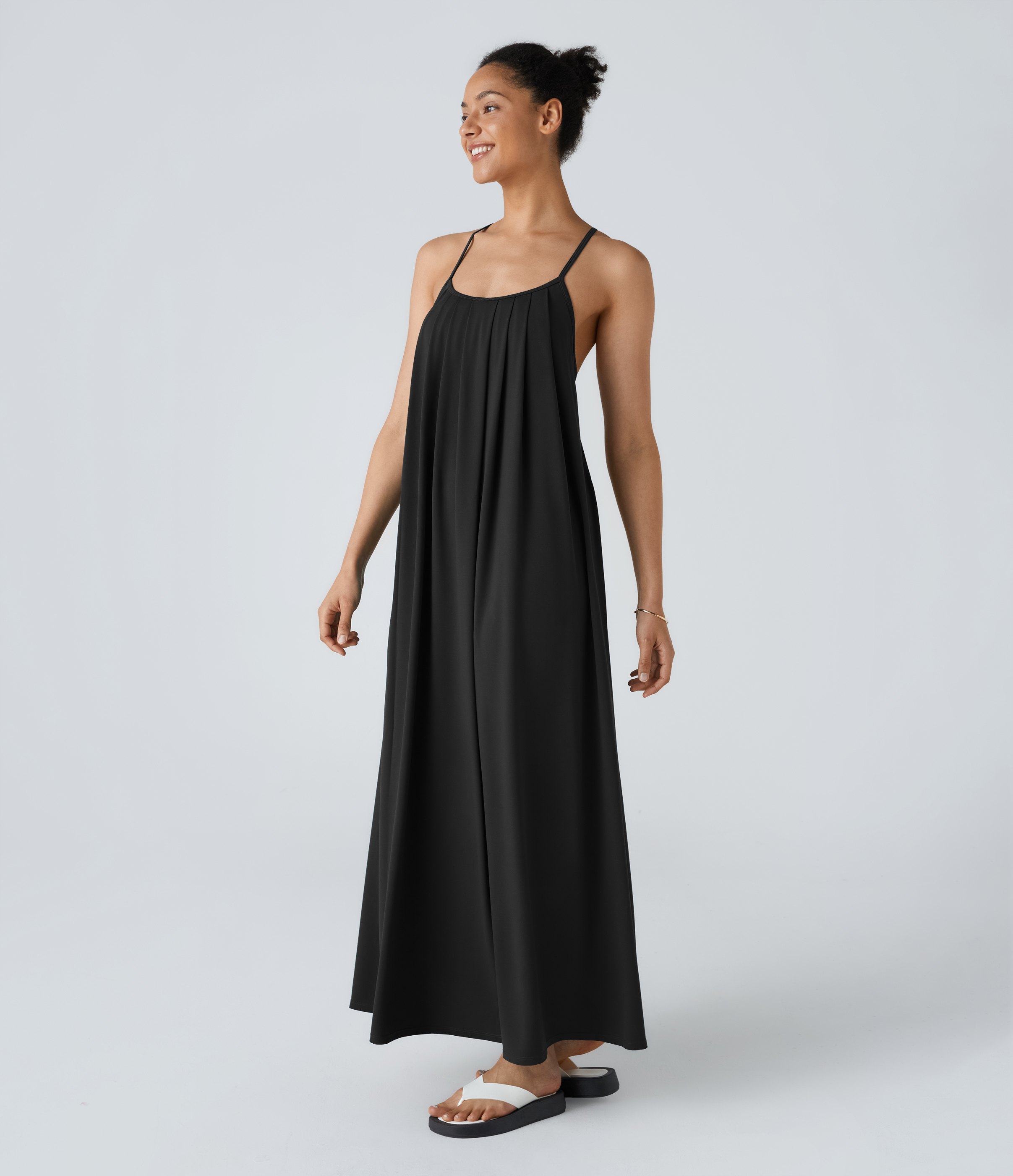 Halara Backless Crisscross Lace Up Plicated Maxi Slip Resort Dress Casual Dress - Black - S slip dress beach dress ruched dress halter dress 