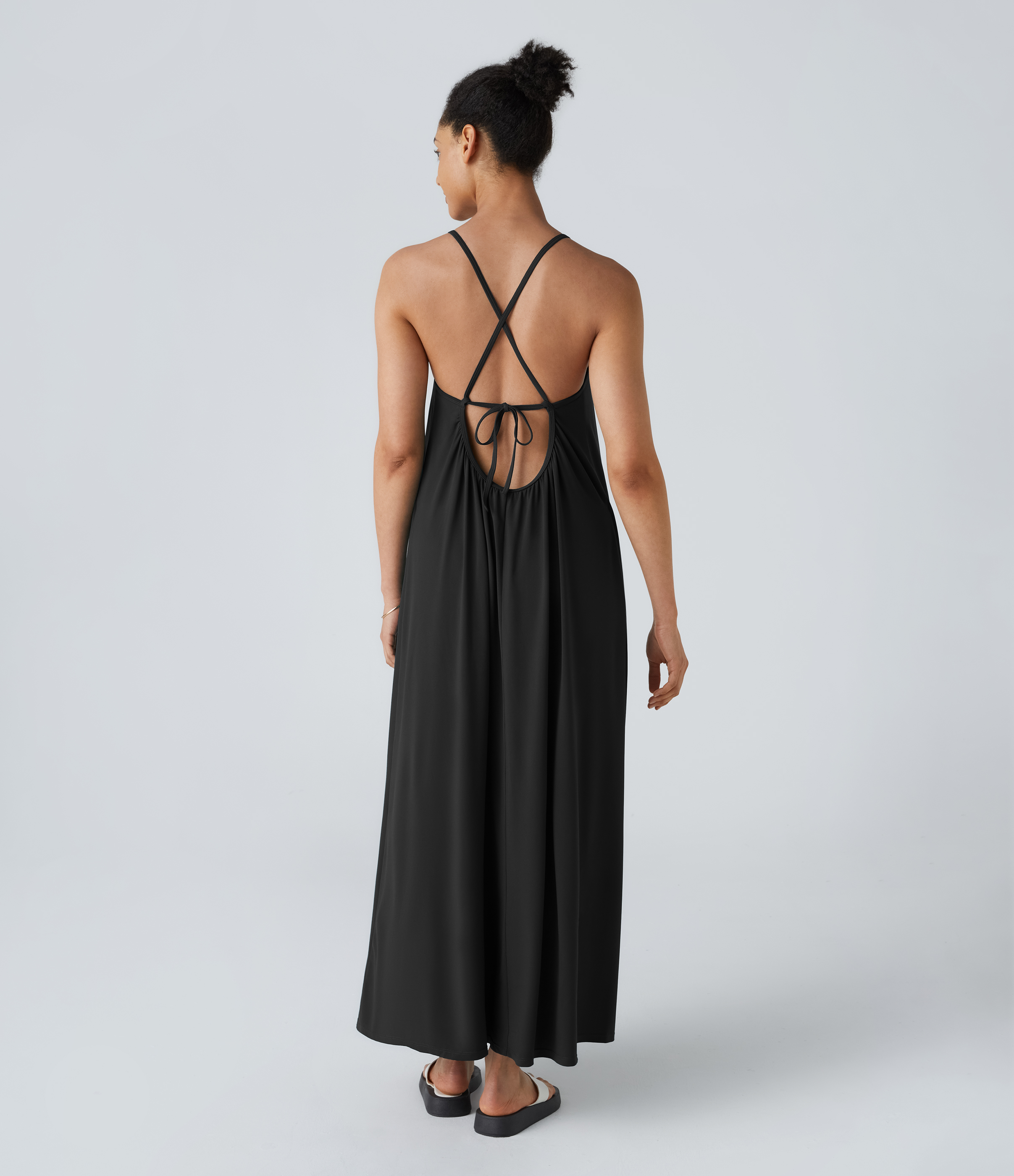 Halara Backless Crisscross Lace Up Plicated Maxi Slip Resort Dress Casual Dress - Black - S slip dress beach dress ruched dress halter dress 