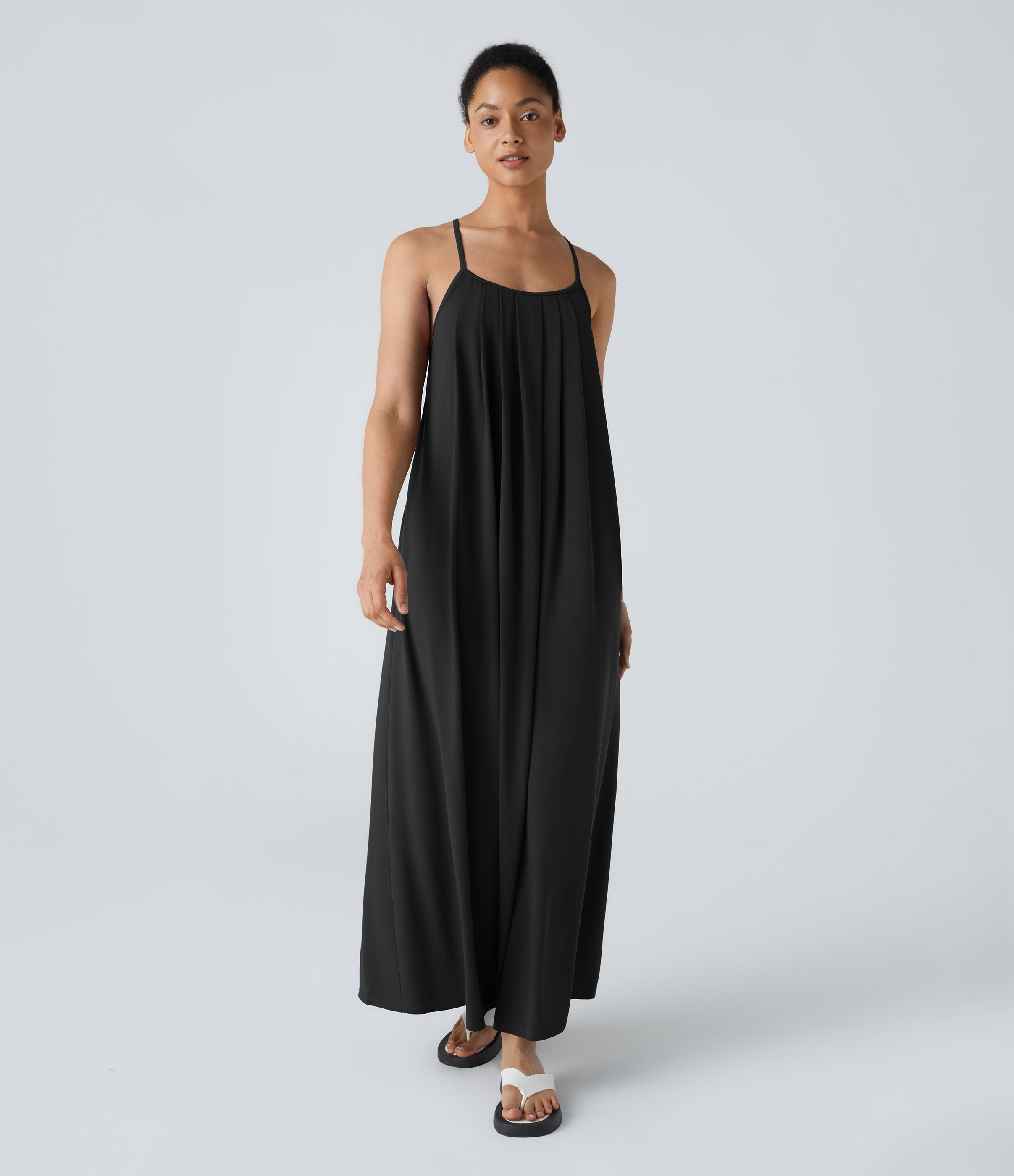 Halara Backless Crisscross Lace Up Plicated Maxi Slip Resort Dress Casual Dress - Black - S slip dress beach dress ruched dress halter dress 