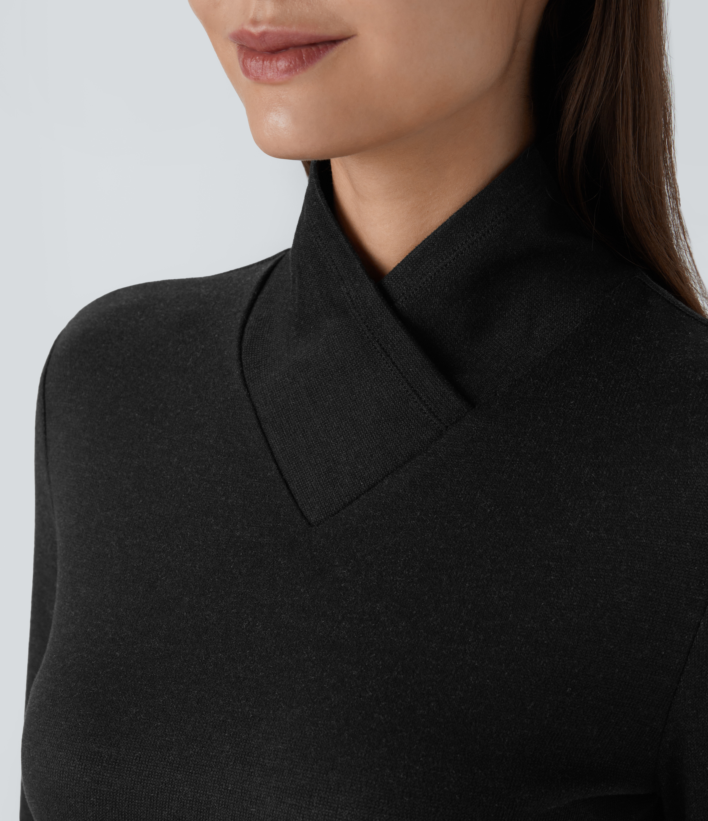 Halara Crossover High Neck Long Sleeve Curved Hem Casual Top Tank Top - Black - L golf tops halter top tunic tops sleeveless tops 