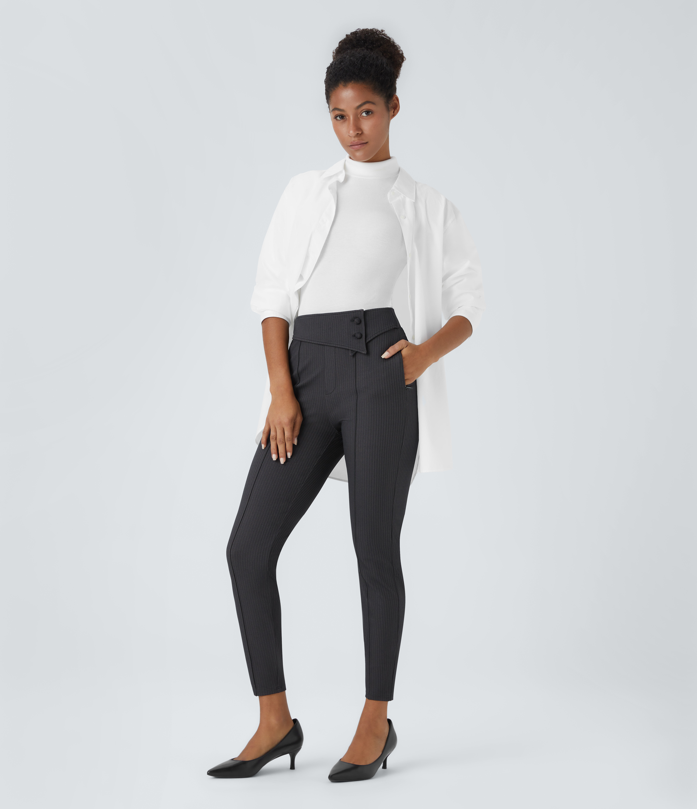 Halara Foldover High Waisted Side Zipper Pocket Herringbone Work Leggings  - Blue Graphite - XS(7/8) 