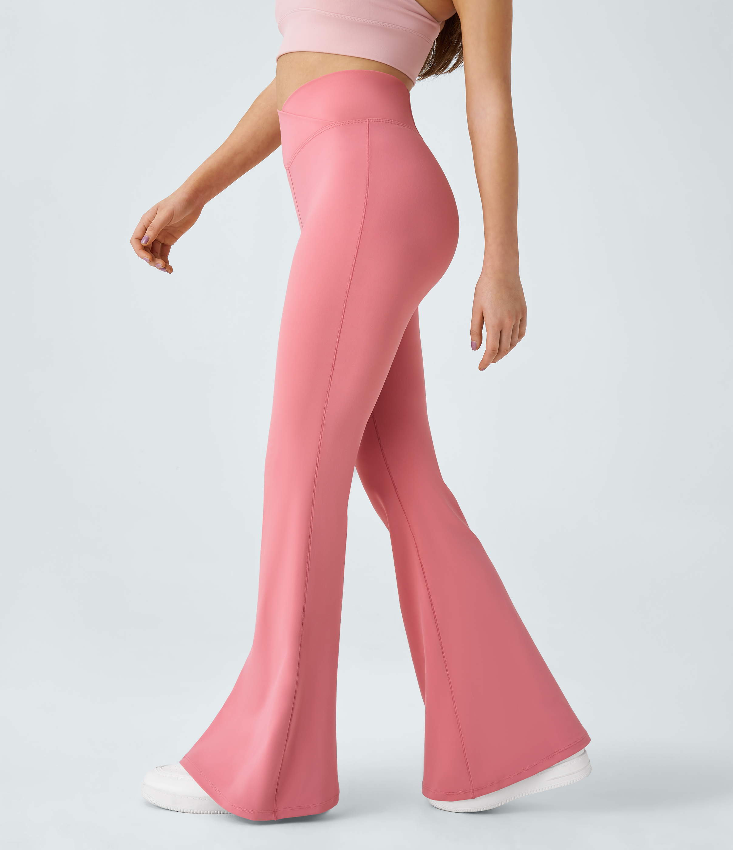 Halara Crossover High Waisted Back Pocket Super Flare Leggings  - Pink Icing - XL(petite) gym leggings leggings with pockets 