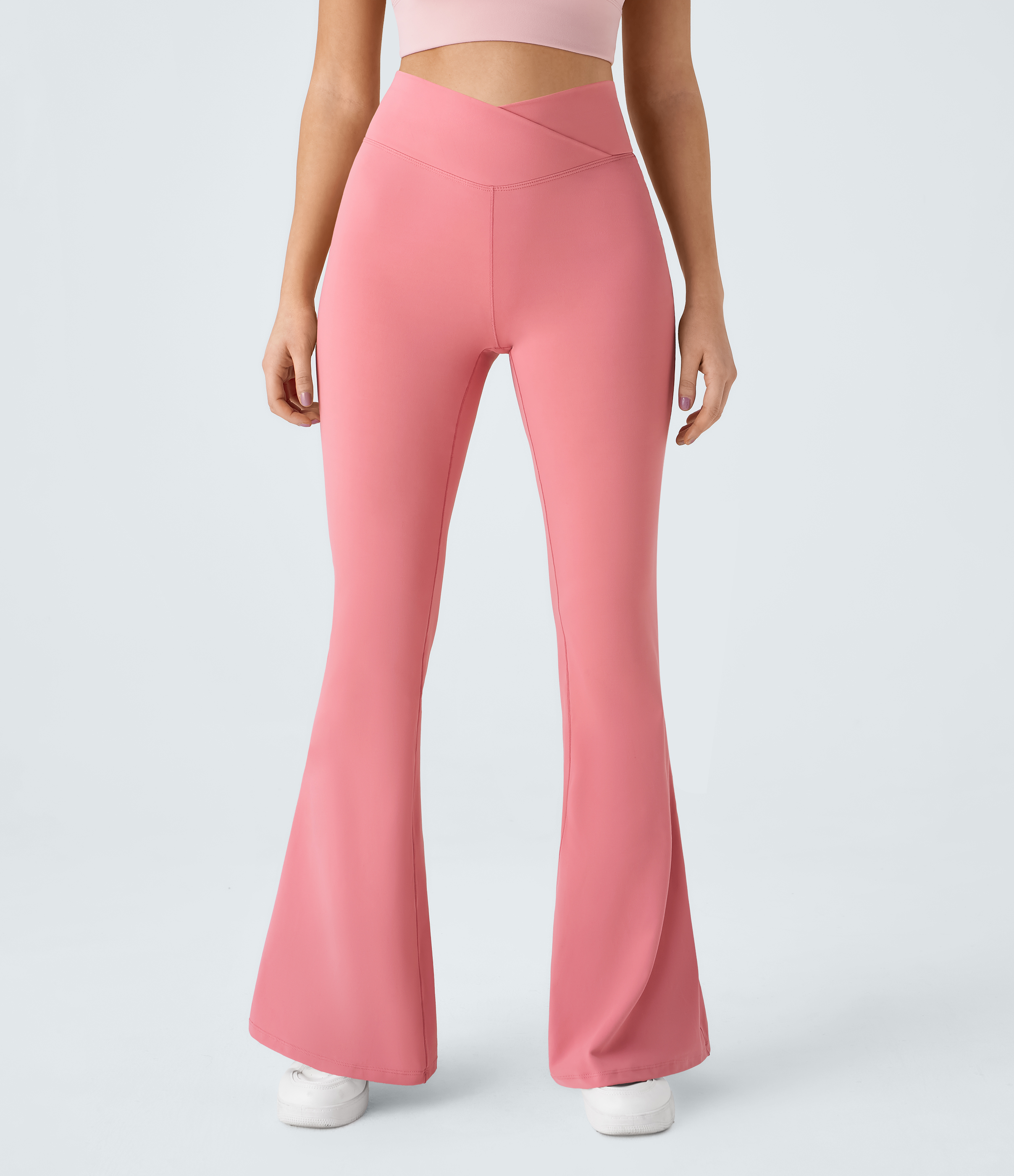 Halara Crossover High Waisted Back Pocket Super Flare Leggings  - Pink Icing - XL(petite) gym leggings leggings with pockets 