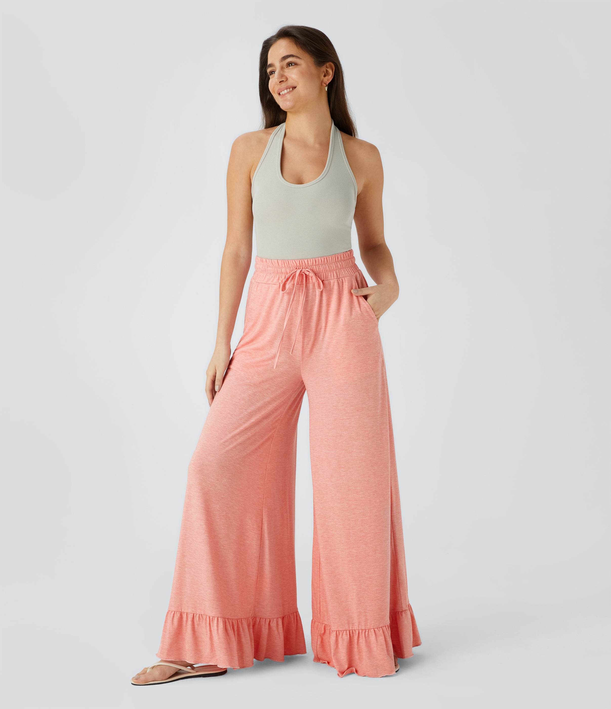 Halara High Waisted Drawstring Side Pocket Ruffle Wide Leg Casual Pants  - Creole Pink Floral Yarn - XS(regular) sweatpants jogger pants 