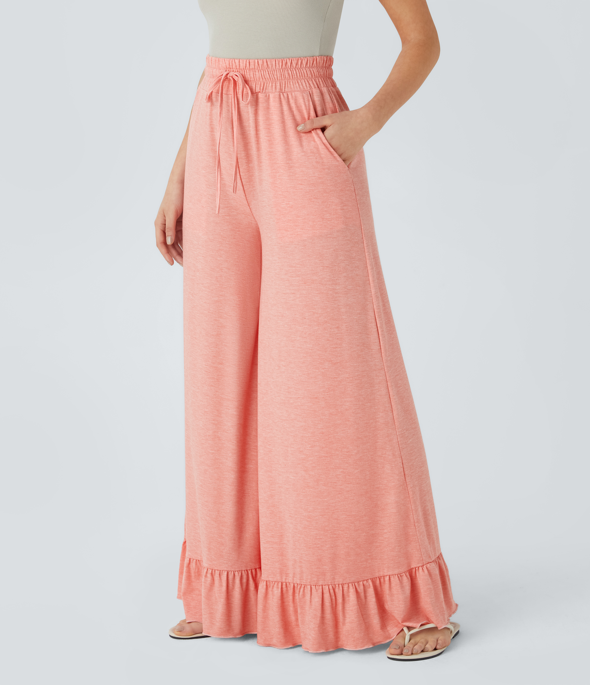 Halara High Waisted Drawstring Side Pocket Ruffle Wide Leg Casual Pants  - Creole Pink Floral Yarn - XS(regular) sweatpants jogger pants 