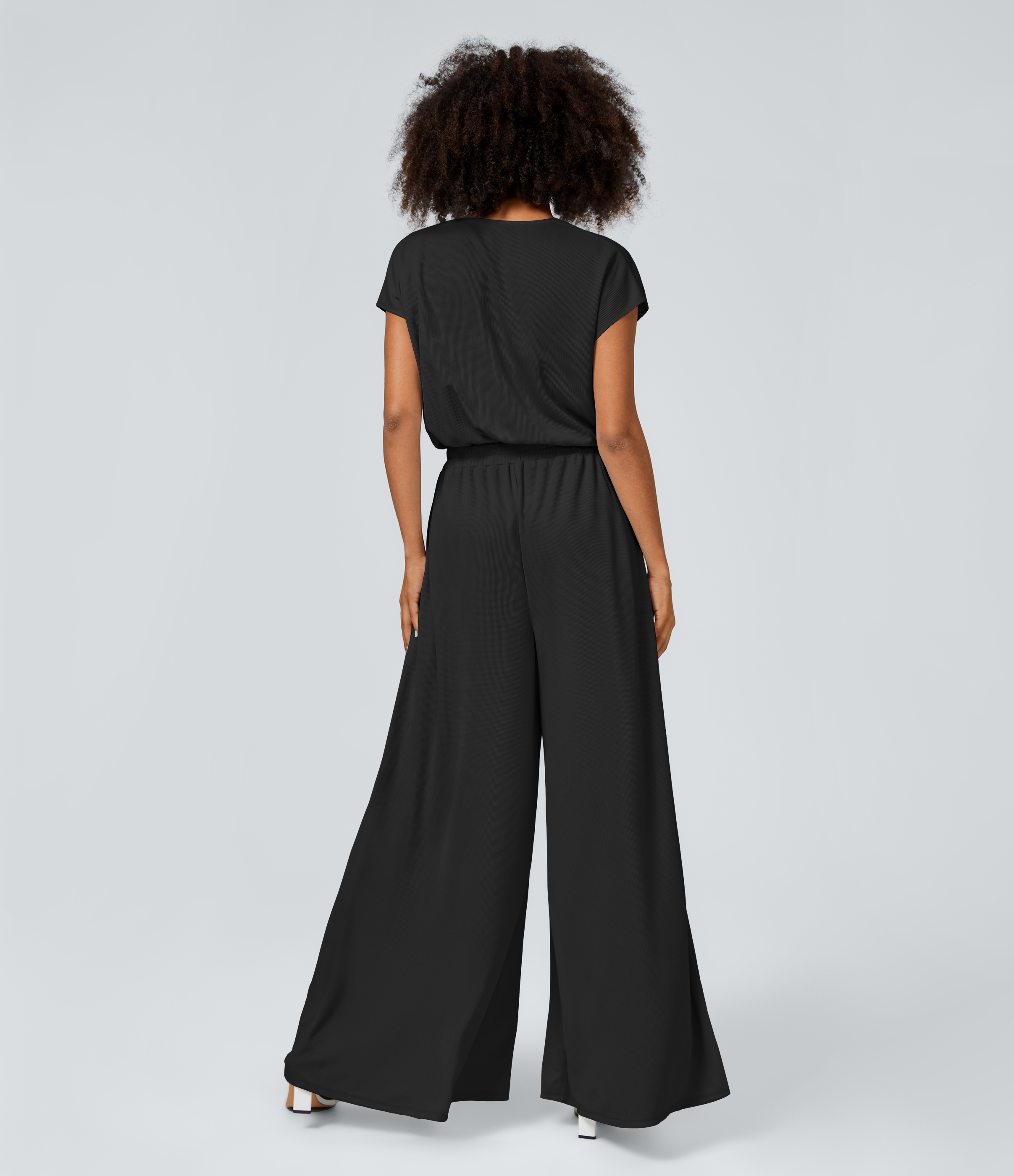 Black V Neck Short Sleeve Side Pocket Wide Leg Flowy Waffle Casual Jumpsuit / 2