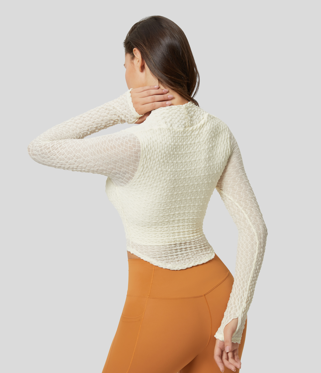 Halara Square Neck Long Sleeve Thumb Hole Curved Hem Contrast Mesh Solid Yoga Sports Top  - Tofu - XS 