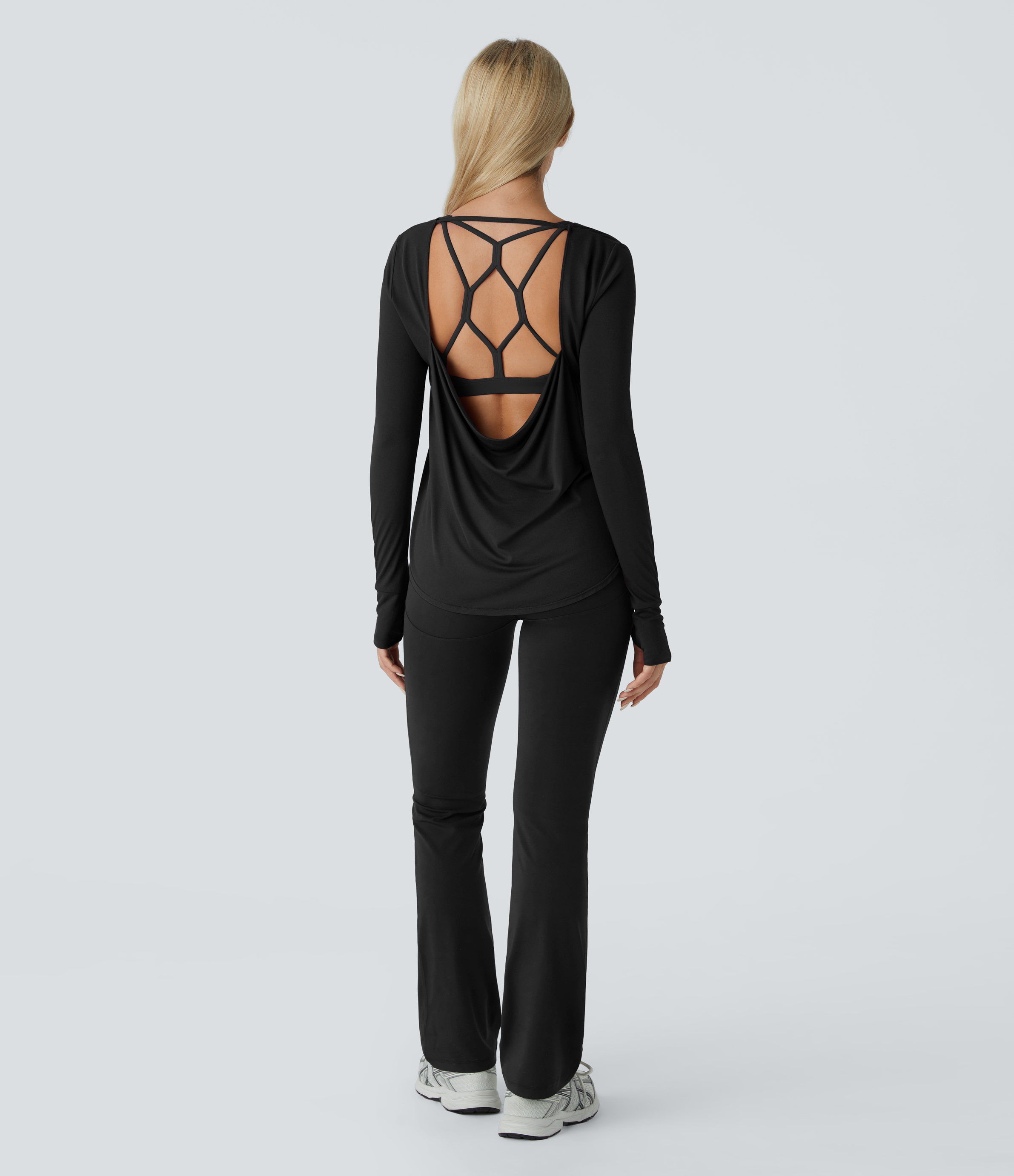 Halara Backless Cowl Back Round Neck Thumb Hole Curved Hem Yoga Sports Top  - Black - XS 