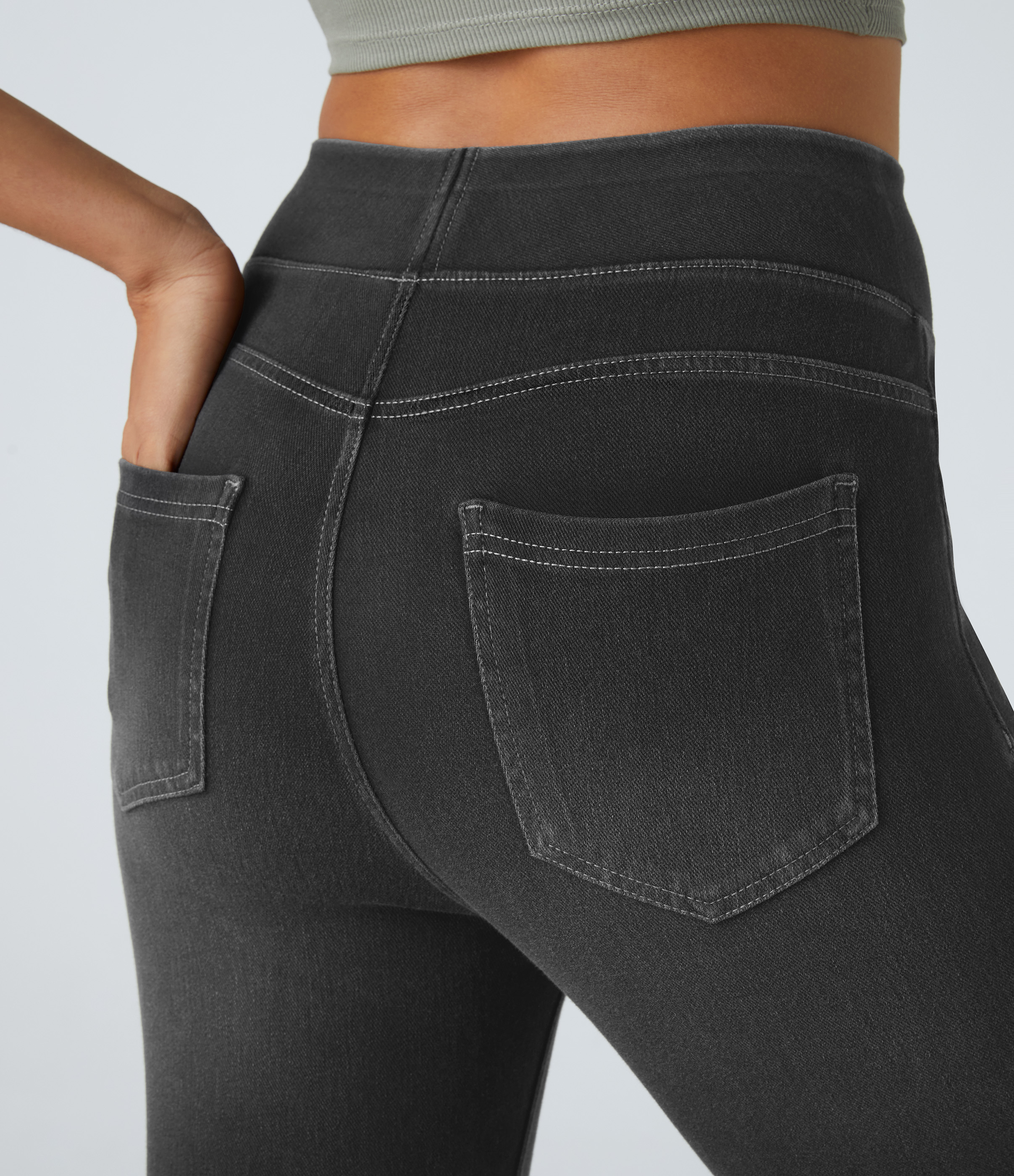 Halara HalaraMagicв„ў High Waisted Back Pocket Stretchy Knit Denim 7/8 Leggings  - Denim Black - S 