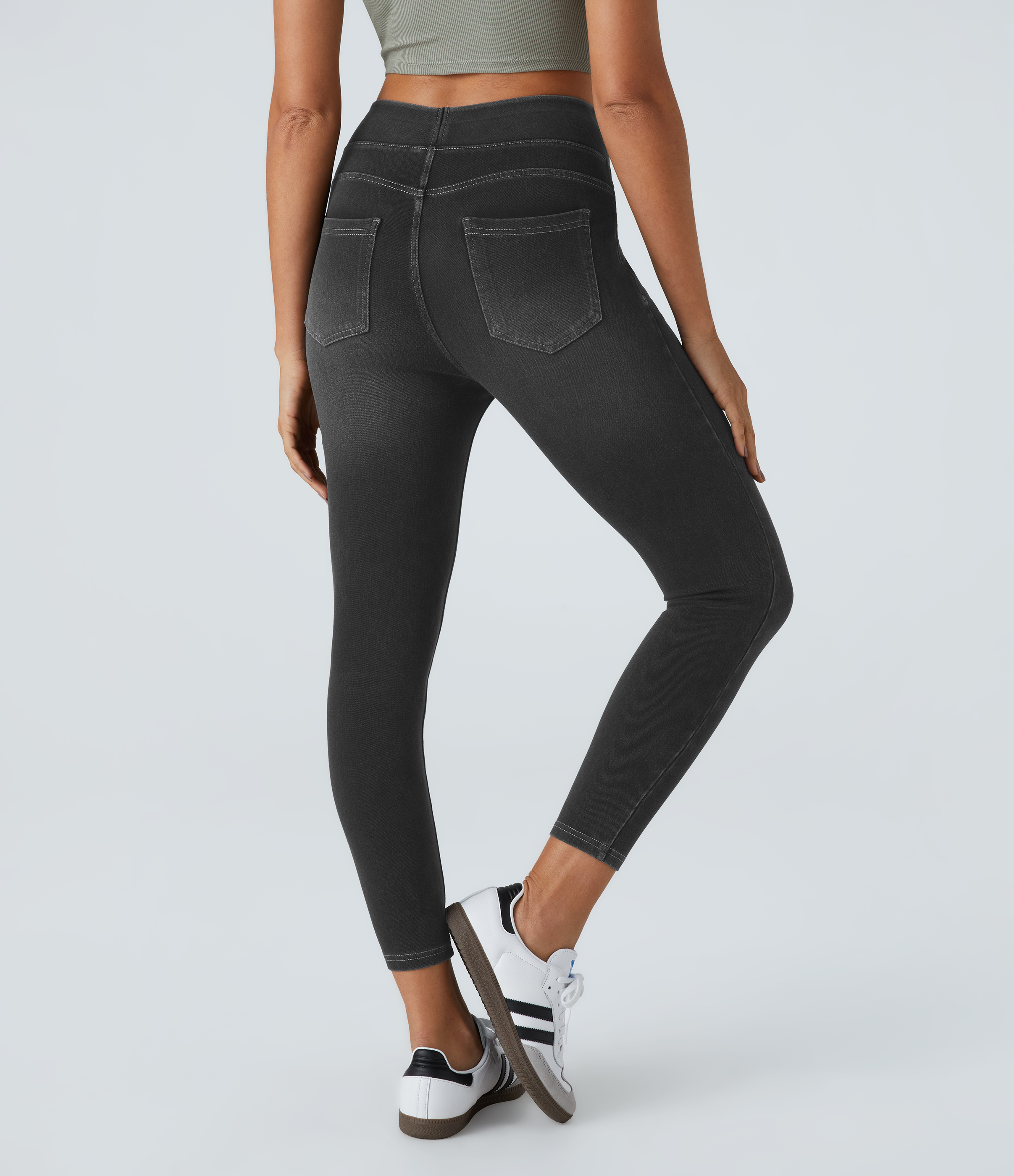 Halara HalaraMagicв„ў High Waisted Back Pocket Stretchy Knit Denim 7/8 Leggings  - Denim Black - S 