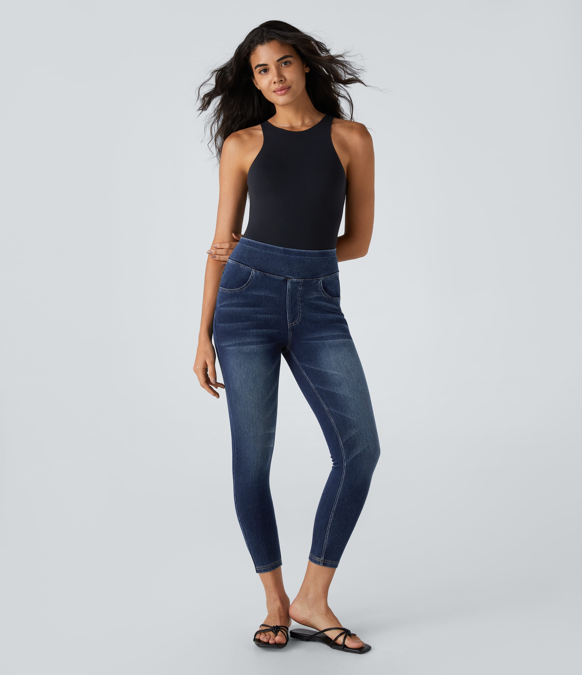 Halara HalaraMagicв„ў High Waisted Back Pocket Stretchy Knit Denim Casual 7/8 Leggings  - Denim Lake Blue - XL 