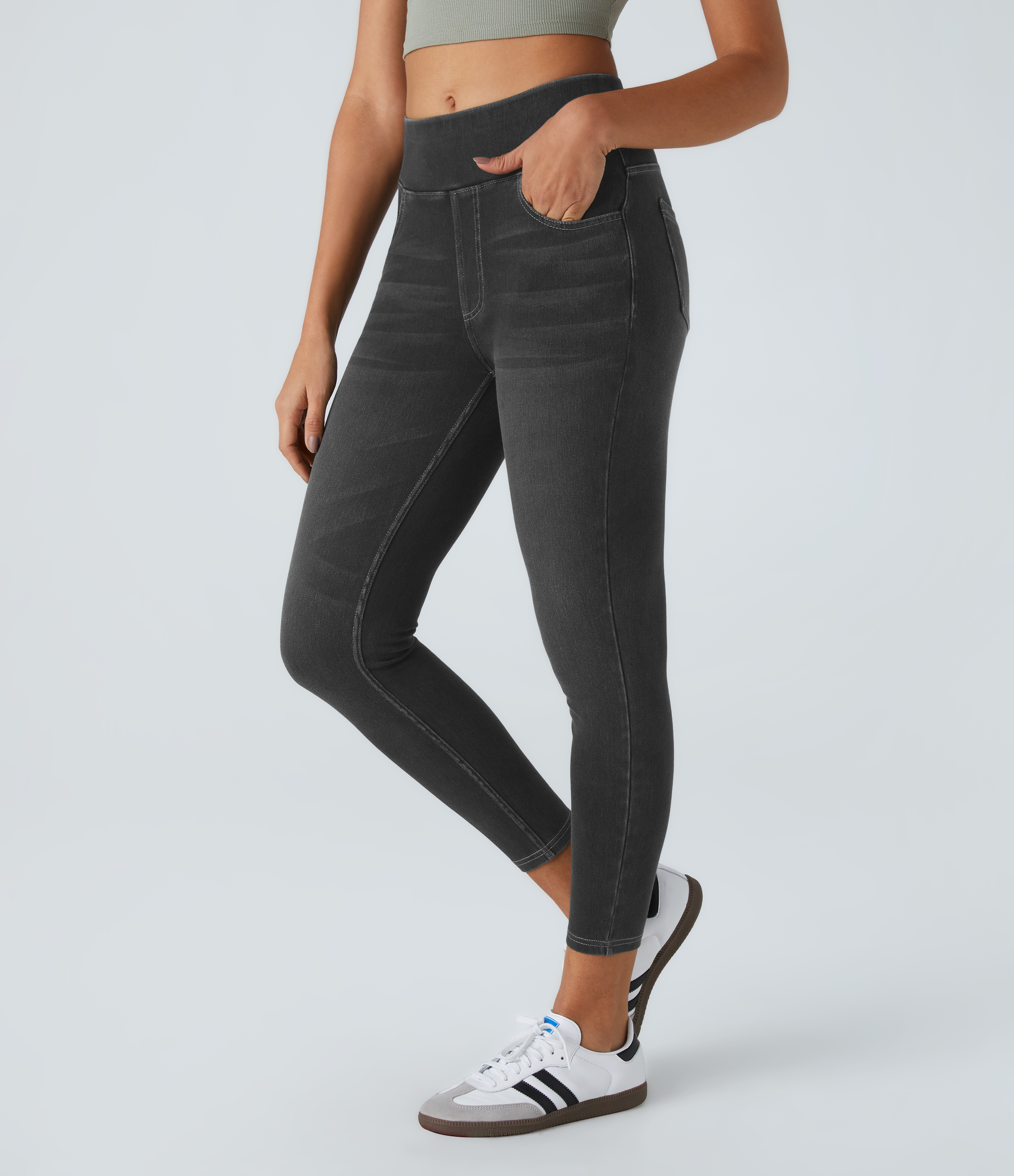 Halara HalaraMagicв„ў High Waisted Back Pocket Stretchy Knit Denim 7/8 Leggings  - Denim Black - S 