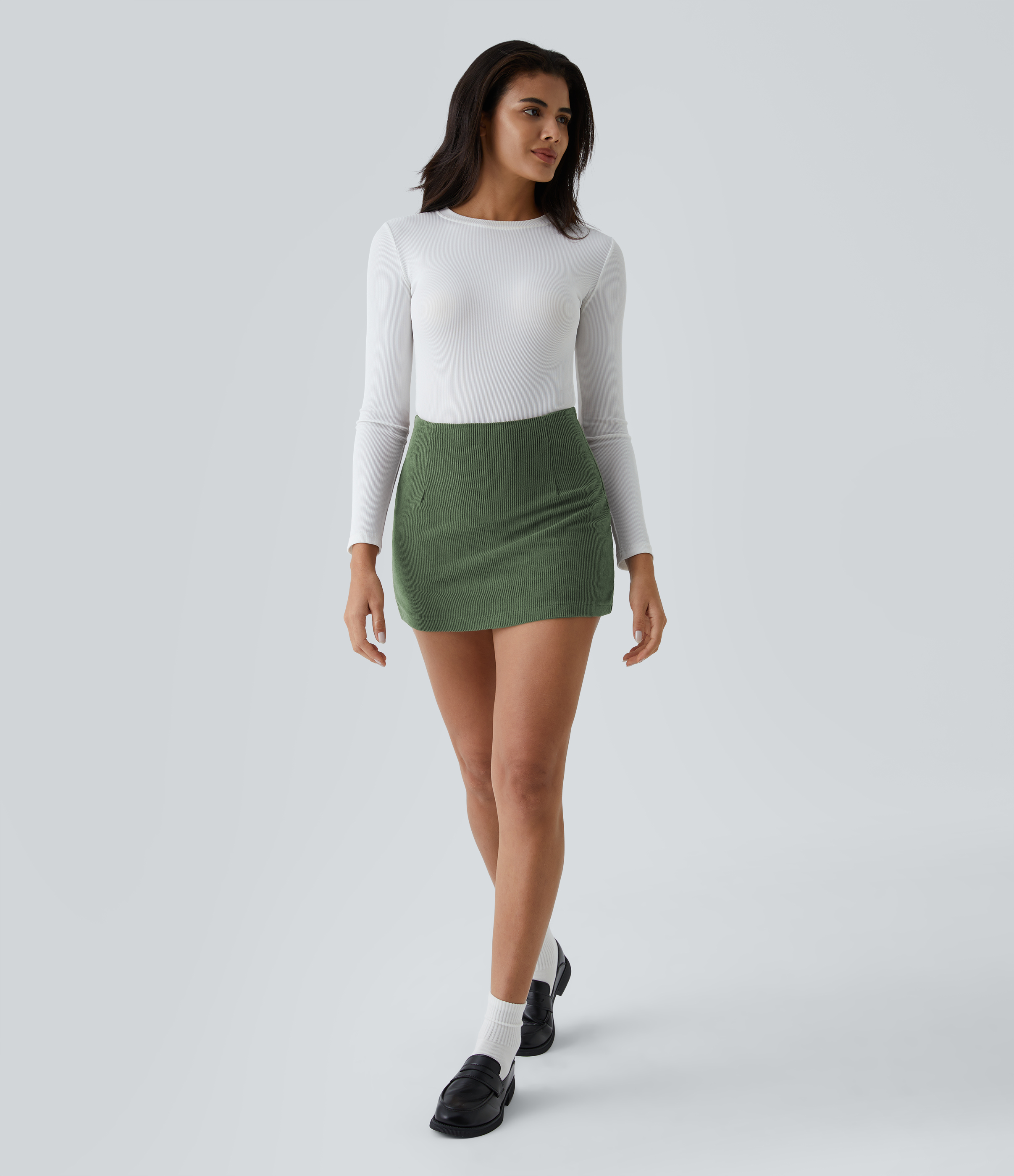 Halara High Waisted Invisible Zipper 2-in-1 A Line Mini Corduroy Casual Skirt  - Rifle Green - L(regular) 
