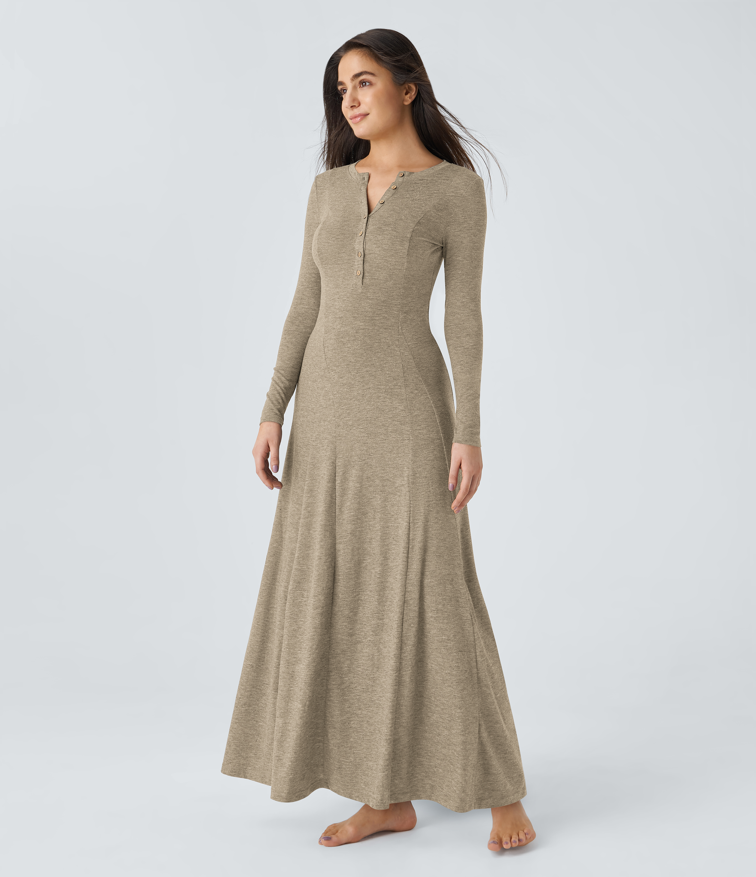 Halara Round Neck Button Long Sleeve Flare Maxi Casual Dress Casual Dress - Khaki Floral Yarn - S slip dress beach dress ruched dress 