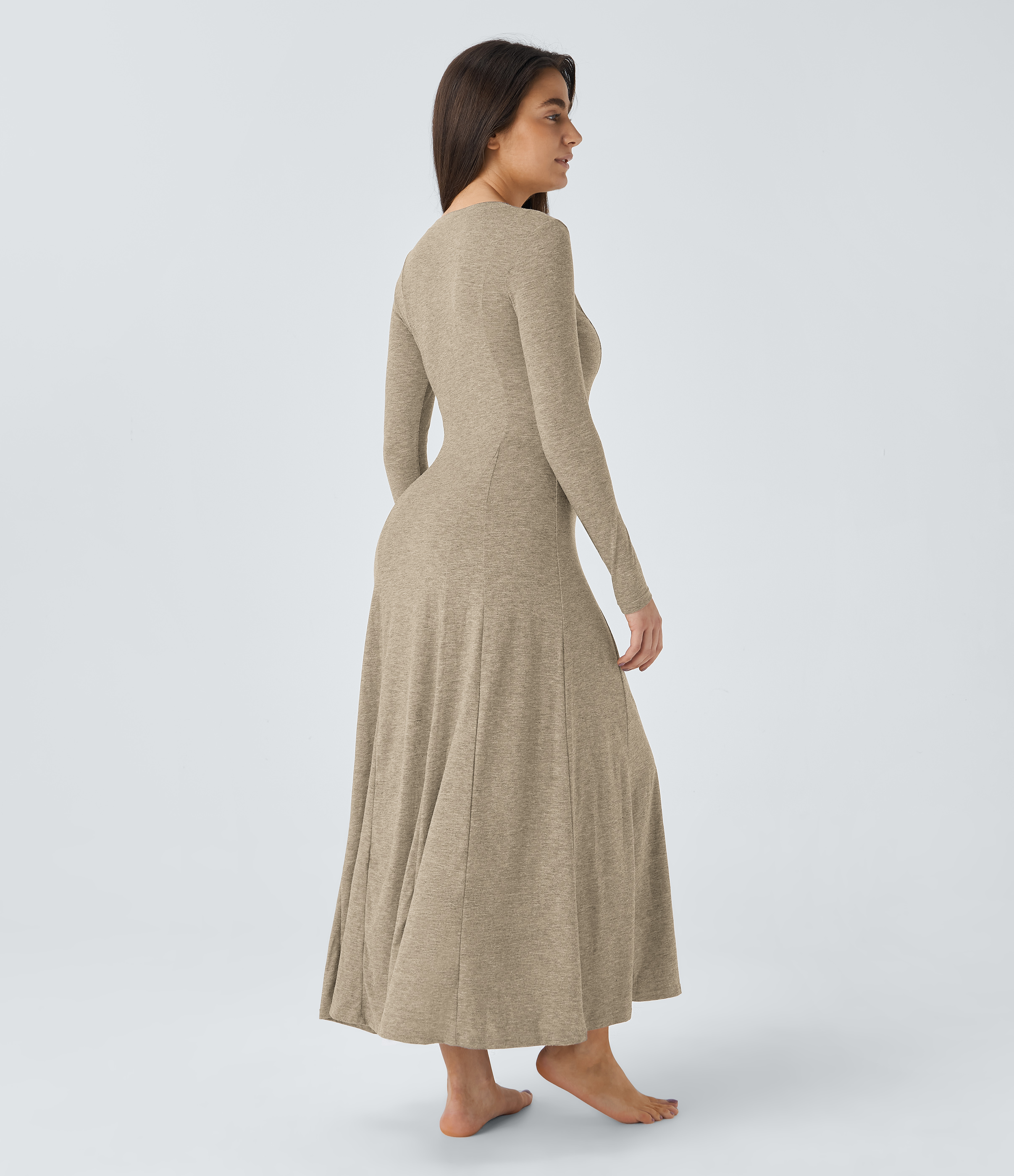 Halara Round Neck Button Long Sleeve Flare Maxi Casual Dress Casual Dress - Khaki Floral Yarn - S slip dress beach dress ruched dress 