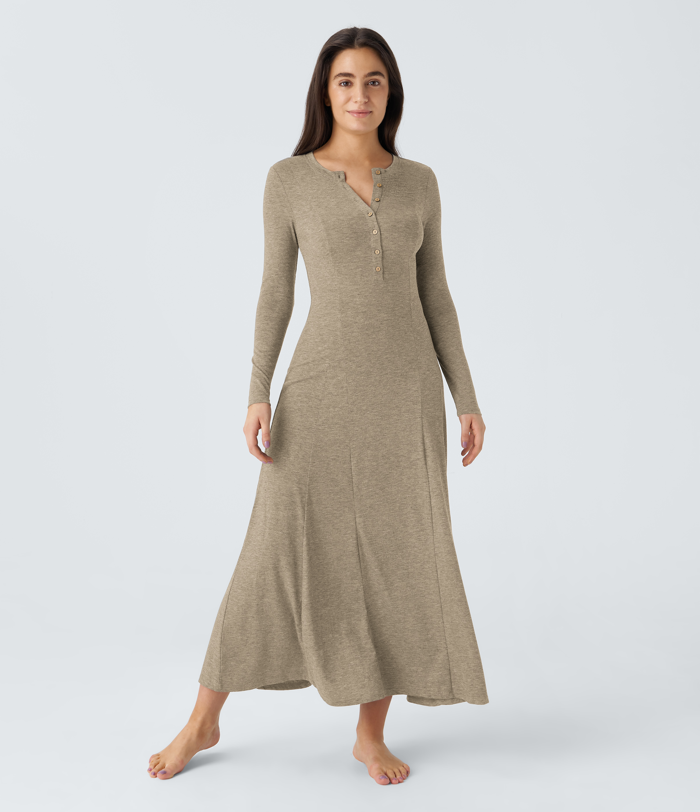 Halara Round Neck Button Long Sleeve Flare Maxi Casual Dress Casual Dress - Khaki Floral Yarn - S slip dress beach dress ruched dress 