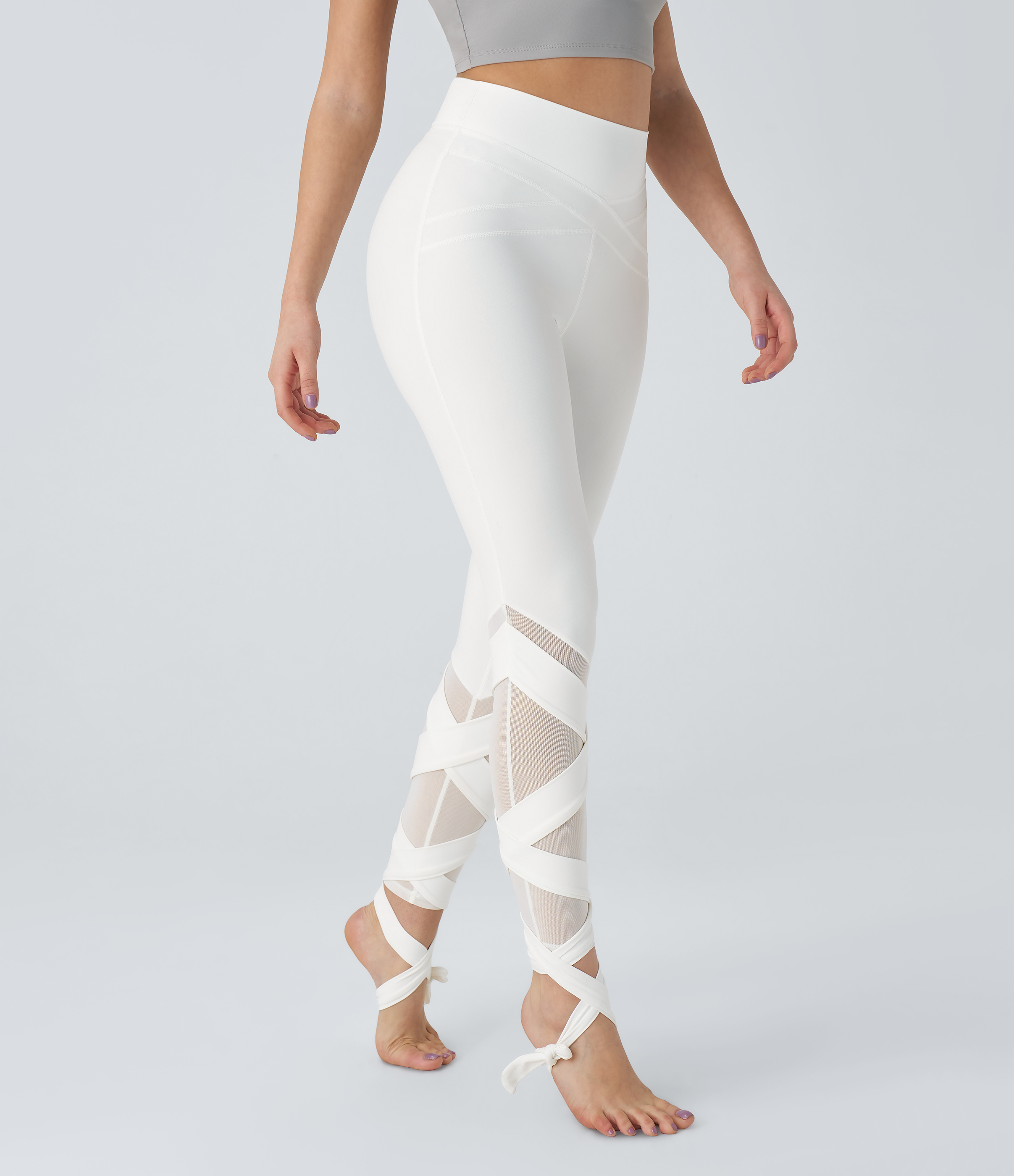 Halara Softlyzeroв„ў High Waisted Contrast Mesh Crisscross Lace Up Yoga 7/8 Leggings-UPF50+  - White - XS(7/8) gym leggings 