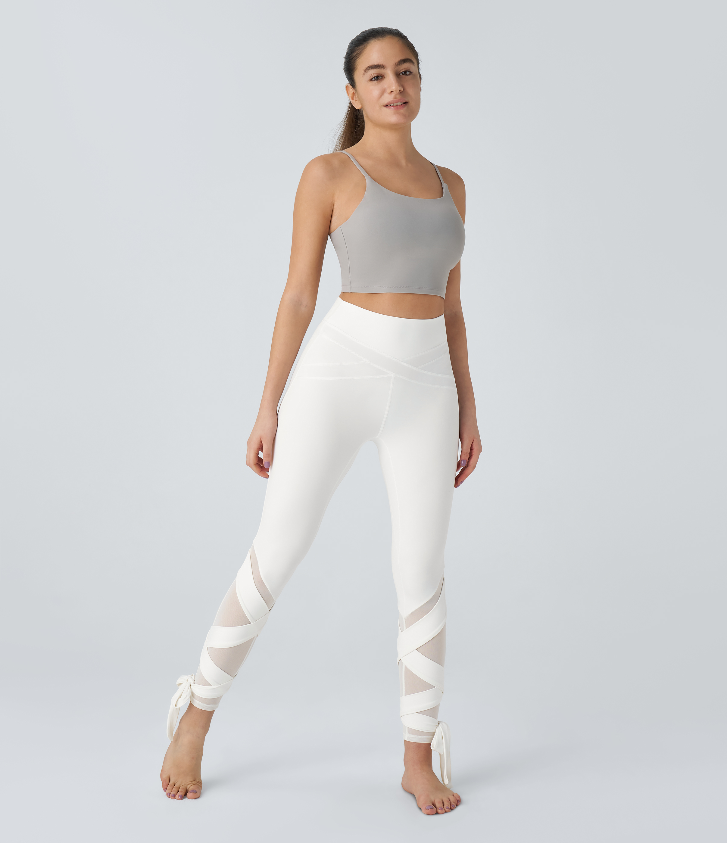Halara Softlyzeroв„ў High Waisted Contrast Mesh Crisscross Lace Up Yoga 7/8 Leggings-UPF50+  - White - XS(7/8) gym leggings 