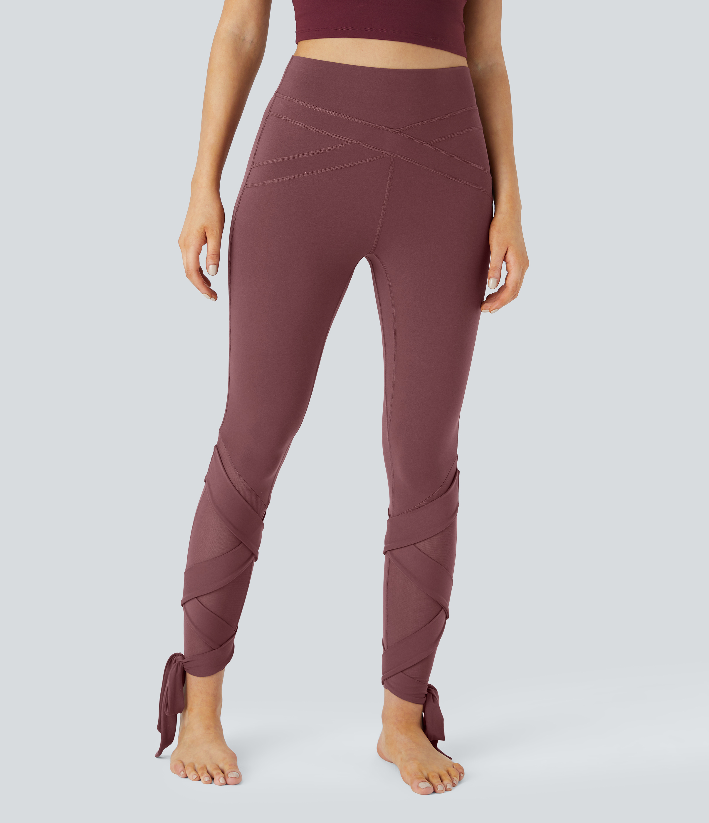 Halara Softlyzeroв„ў High Waisted Contrast Mesh Crisscross Lace Up Yoga 7/8 Leggings-UPF50+  - Red Mahogany - S(7/8) gym leggings 