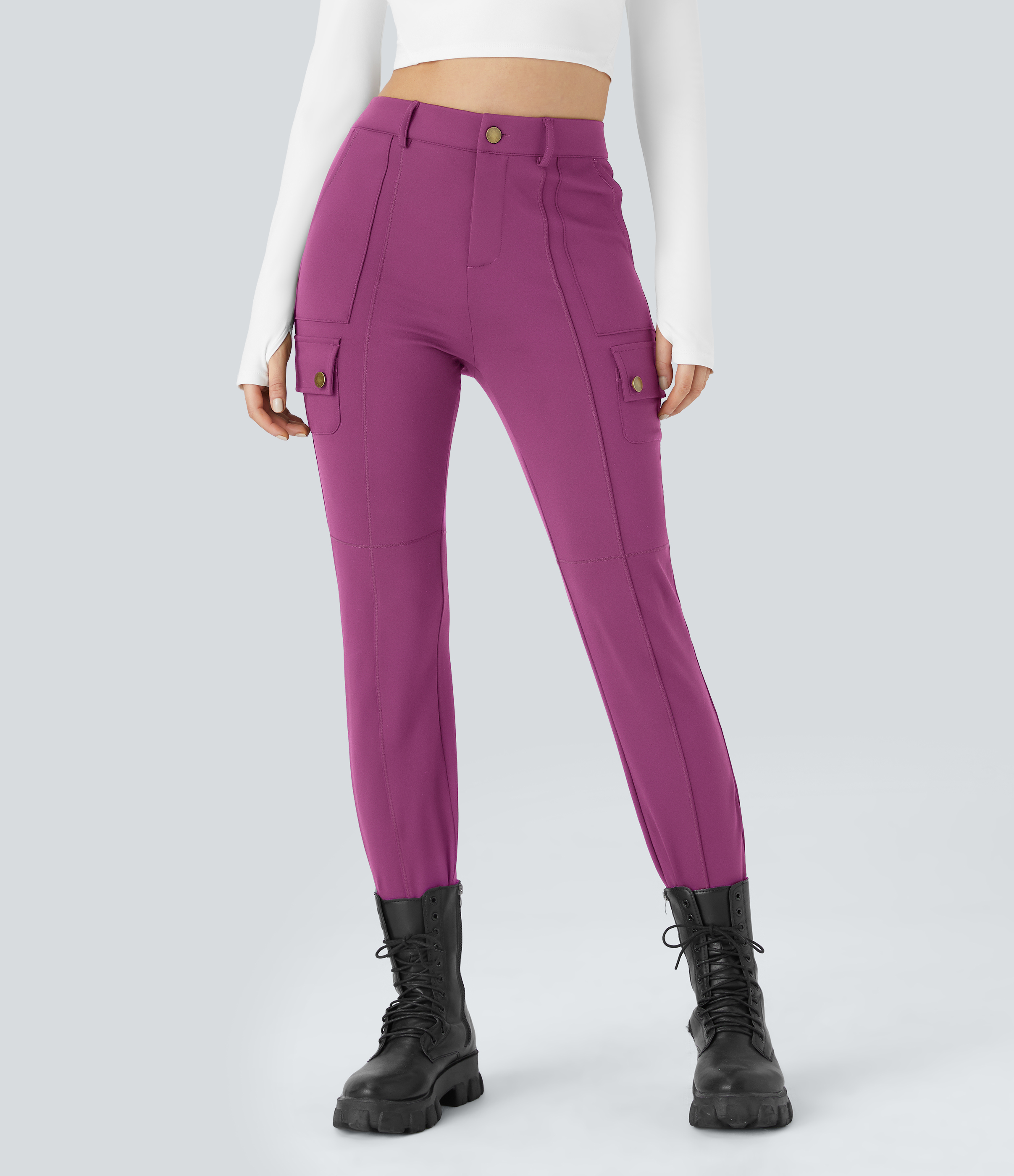 Halara High Waisted Button Zipper Multiple Pockets Solid Skinny Cargo Pants  - Deep Orchid - L(regular) 