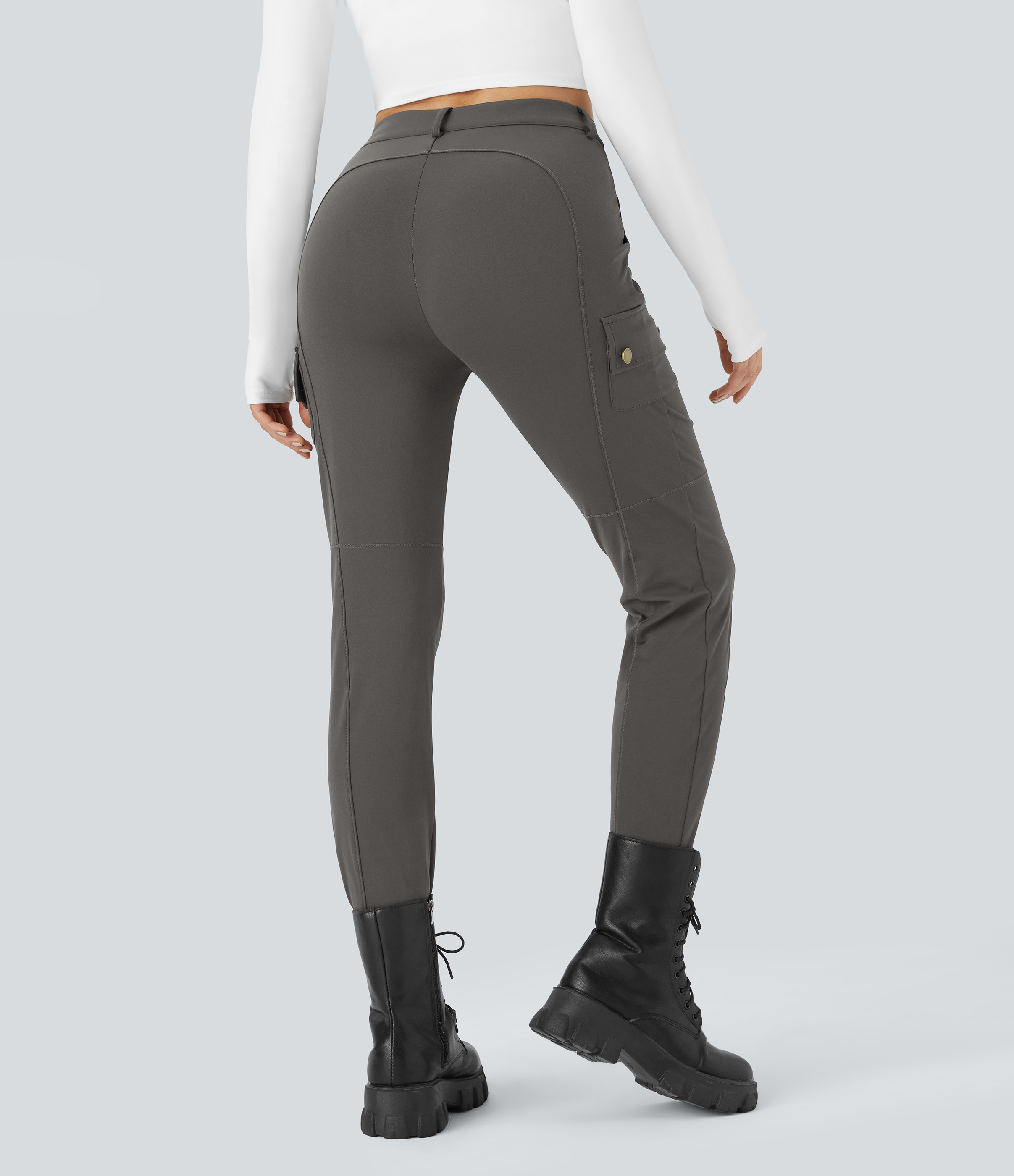 Halara High Waisted Button Zipper Multiple Pockets Solid Skinny Cargo Pants  - Deep Red Grey - XS(petite) 