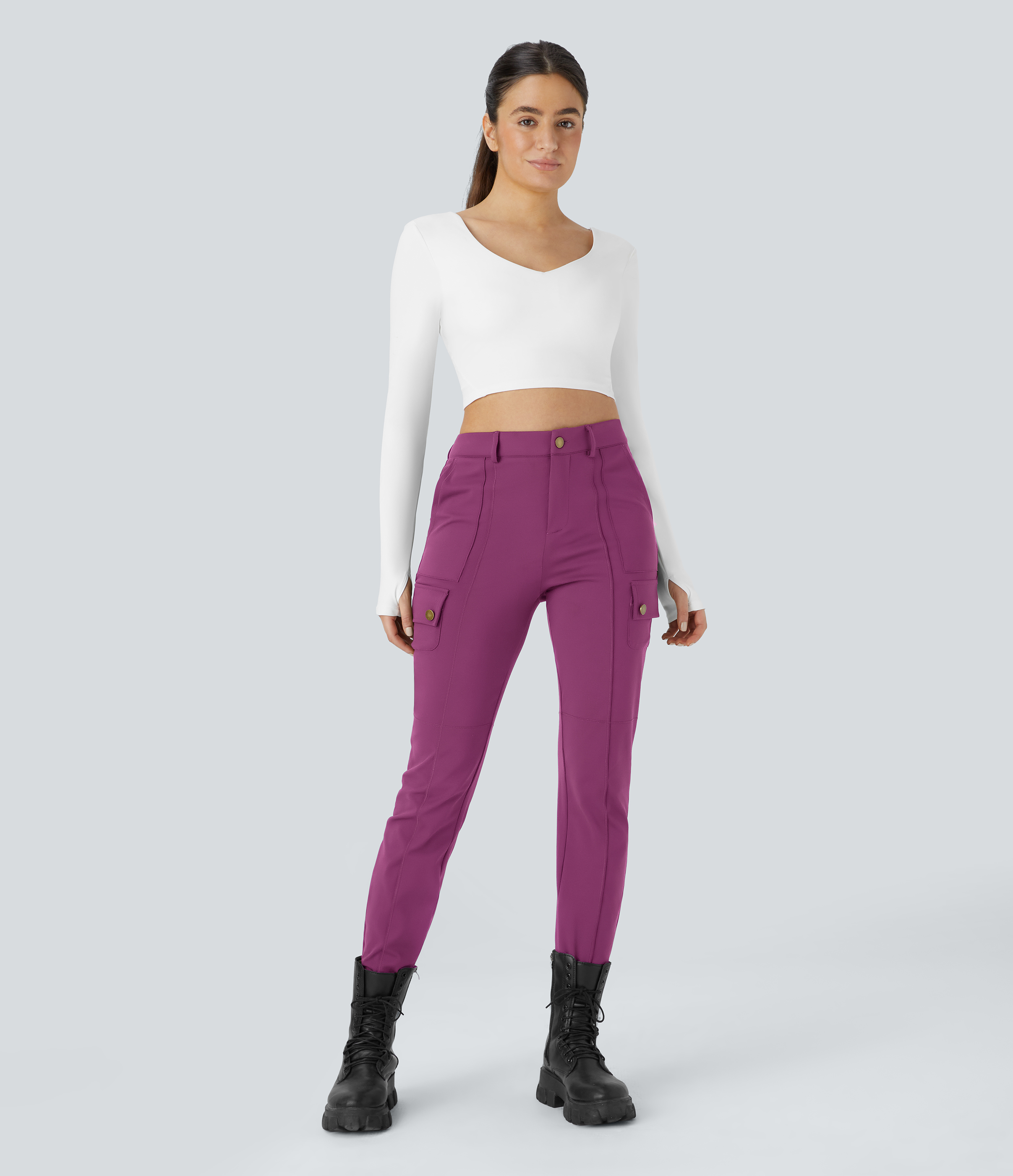 Halara High Waisted Button Zipper Multiple Pockets Solid Skinny Cargo Pants  - Deep Orchid - L(regular) 