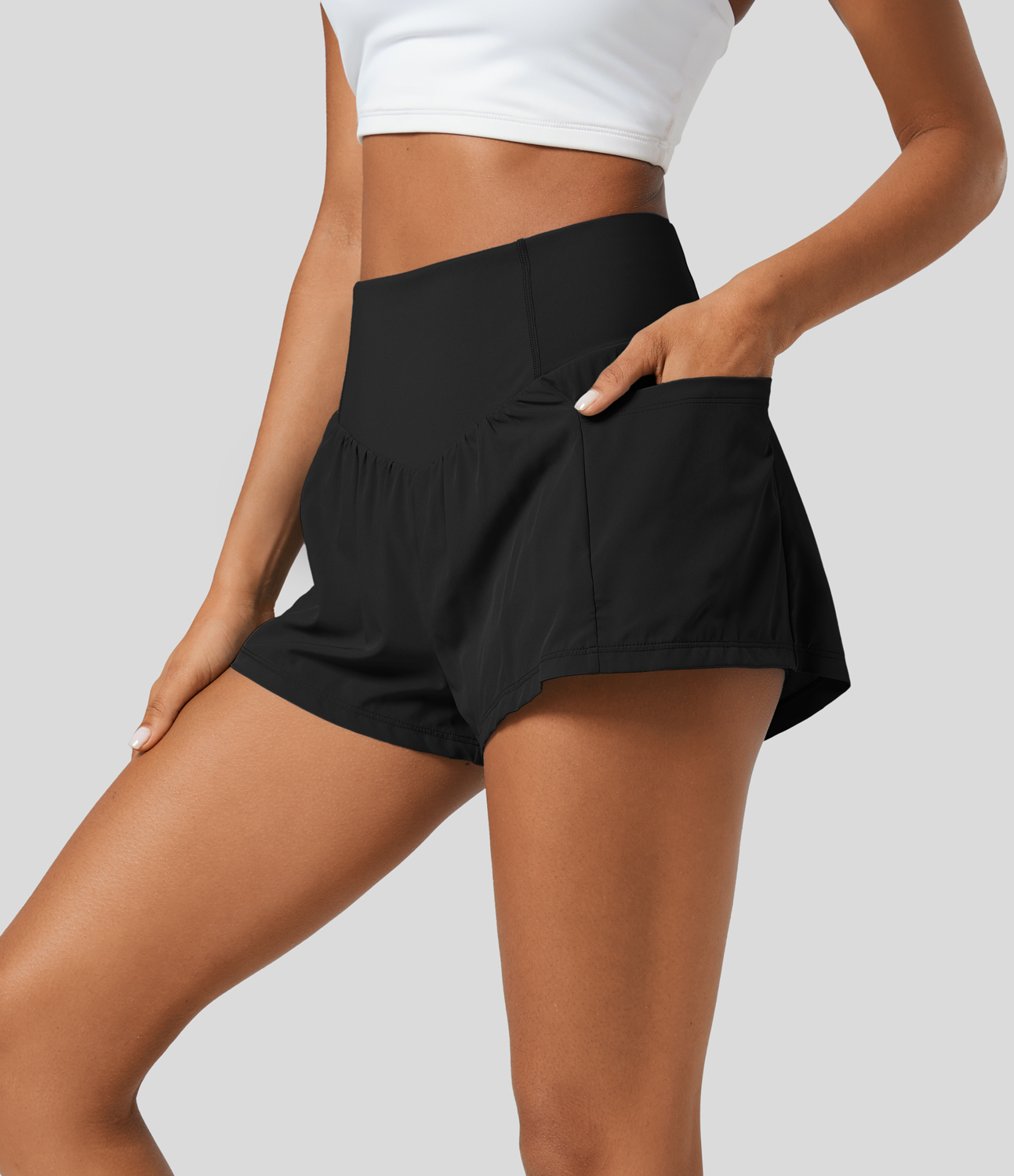 Halara SoCinched High Waisted Tummy Control Side Pocket 2-in-1 Yoga Shorts Gym Short - Black - M booty shorts compression shorts yoga shorts 