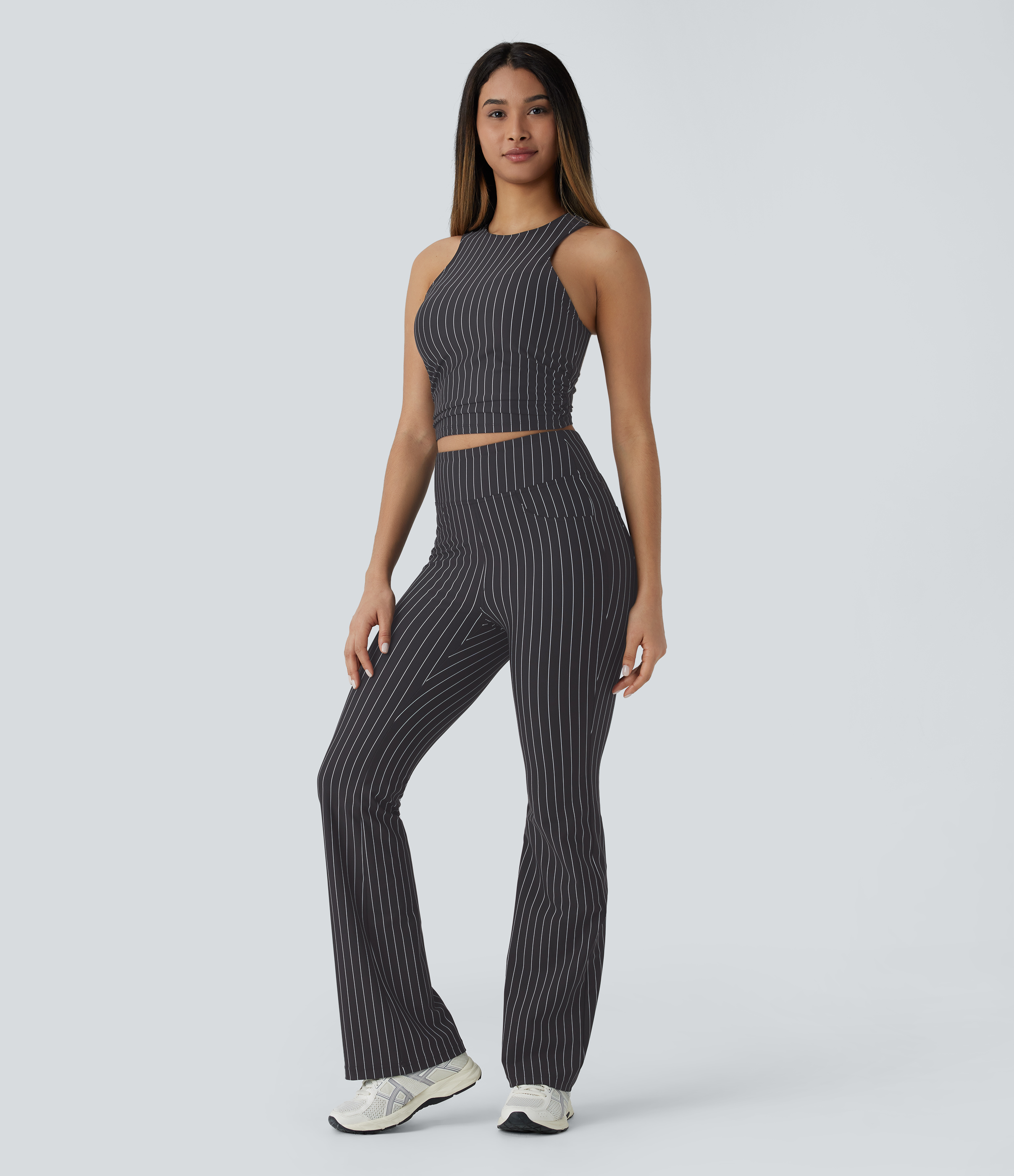 Halara High Waisted Back Pocket Stripe Cool Touch Bootcut Casual Pants  - Black White Oxford Pinstripe - S(regular) sweatpants jogger pants 