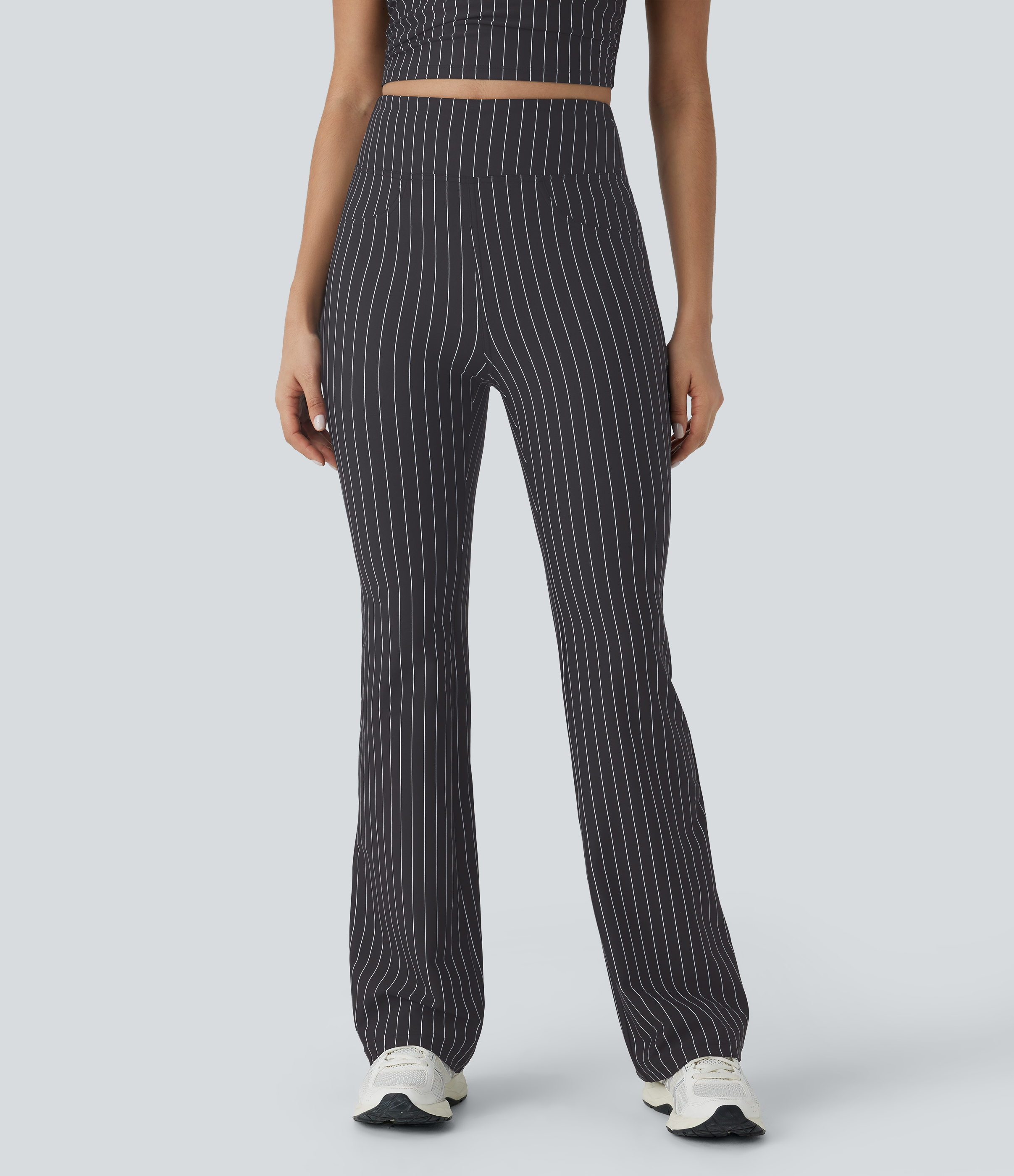 Halara High Waisted Back Pocket Stripe Cool Touch Bootcut Casual Pants  - Black White Oxford Pinstripe - S(regular) sweatpants jogger pants 
