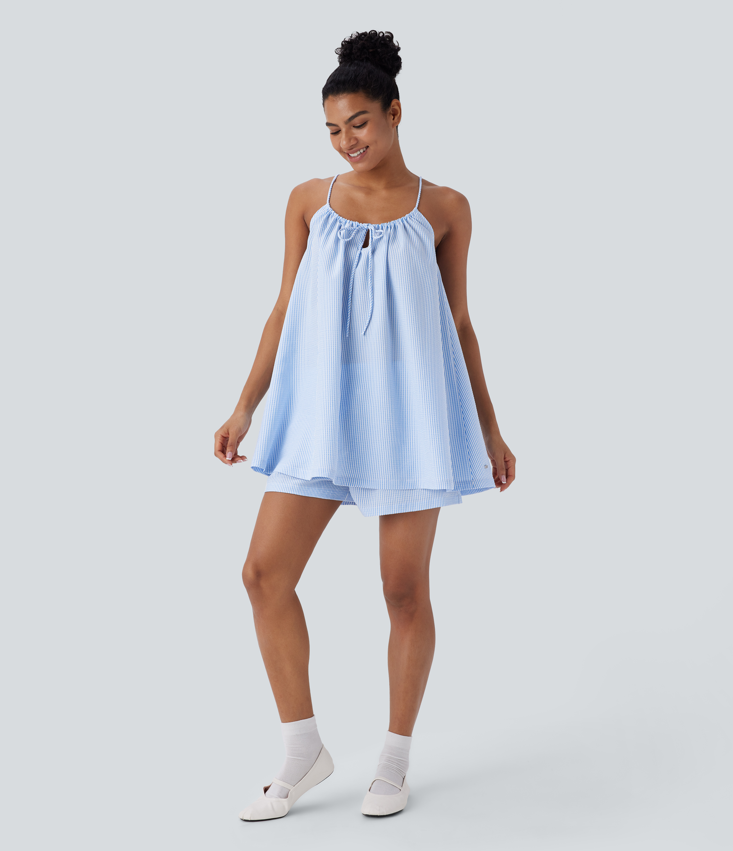 Halara Adjustable Tie Neck Cut Out Stripe Mini Lounge Slip Dress Casual Dress - Azure White Stripe - M slip dress beach dress ruched dress 