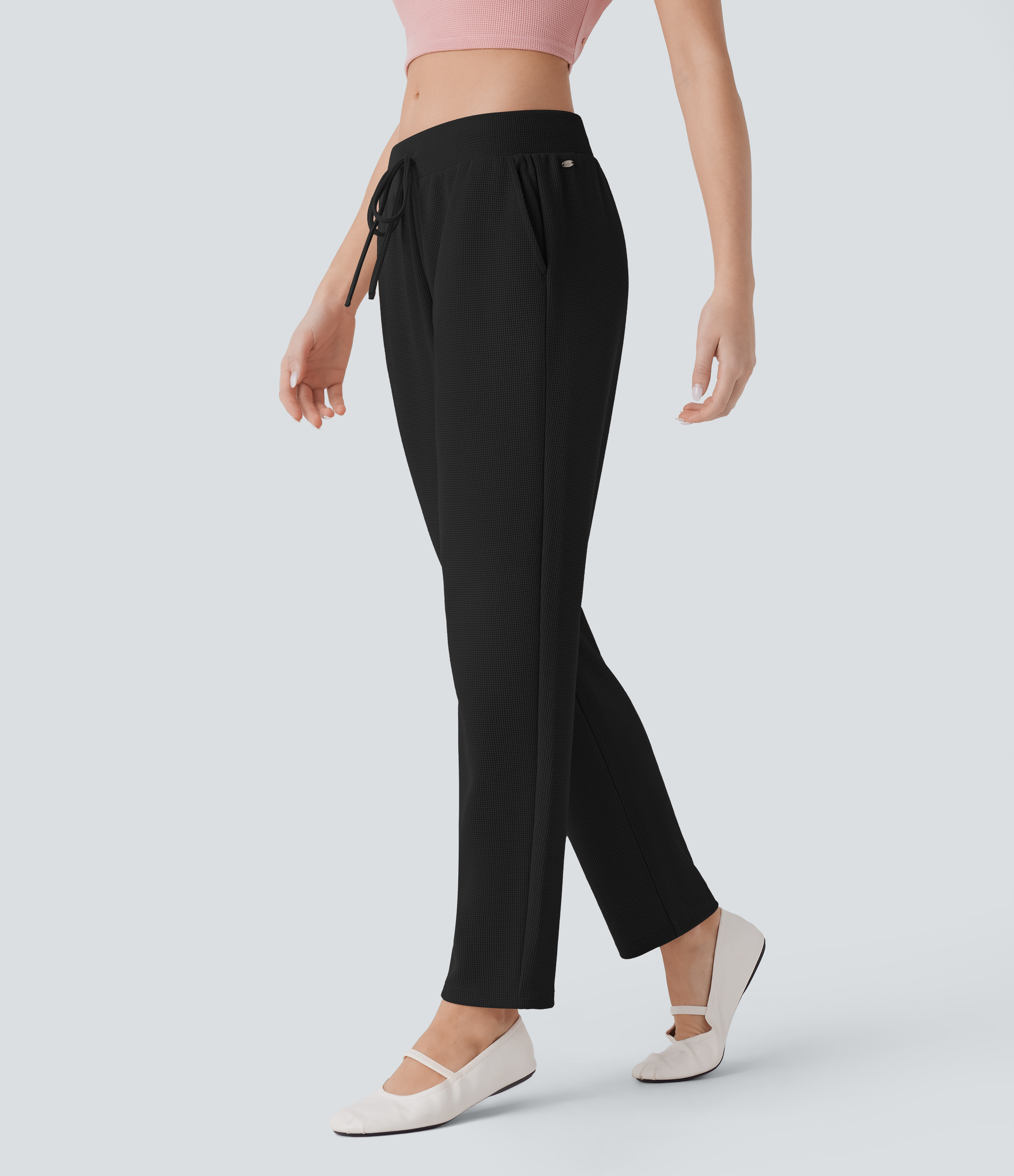 Halara Low Rise Drawstring Side Pocket Tapered Waffle Lounge Pants  - Black - XS(regular) 