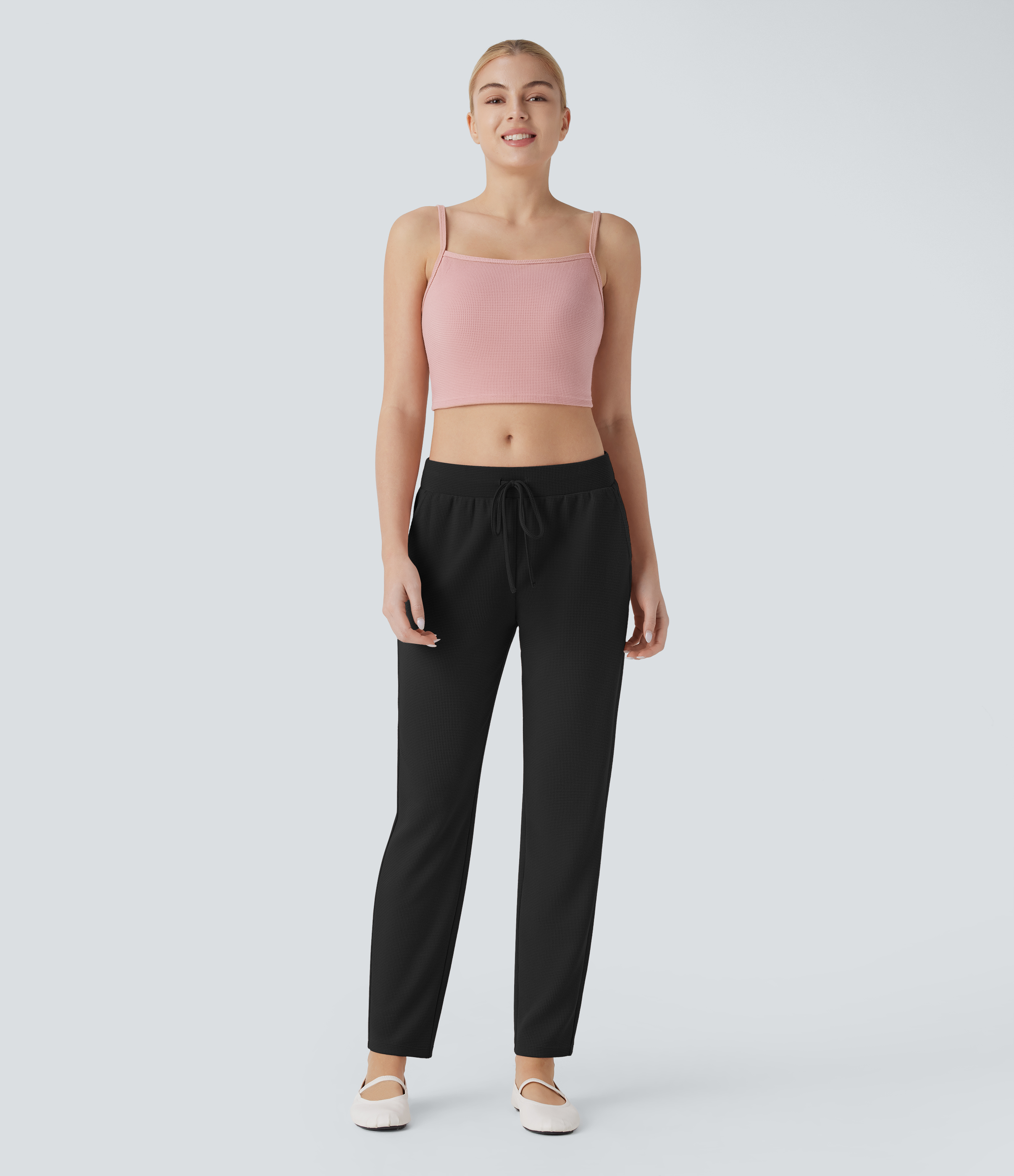 Halara Low Rise Drawstring Side Pocket Tapered Waffle Lounge Pants  - Black - XS(regular) 