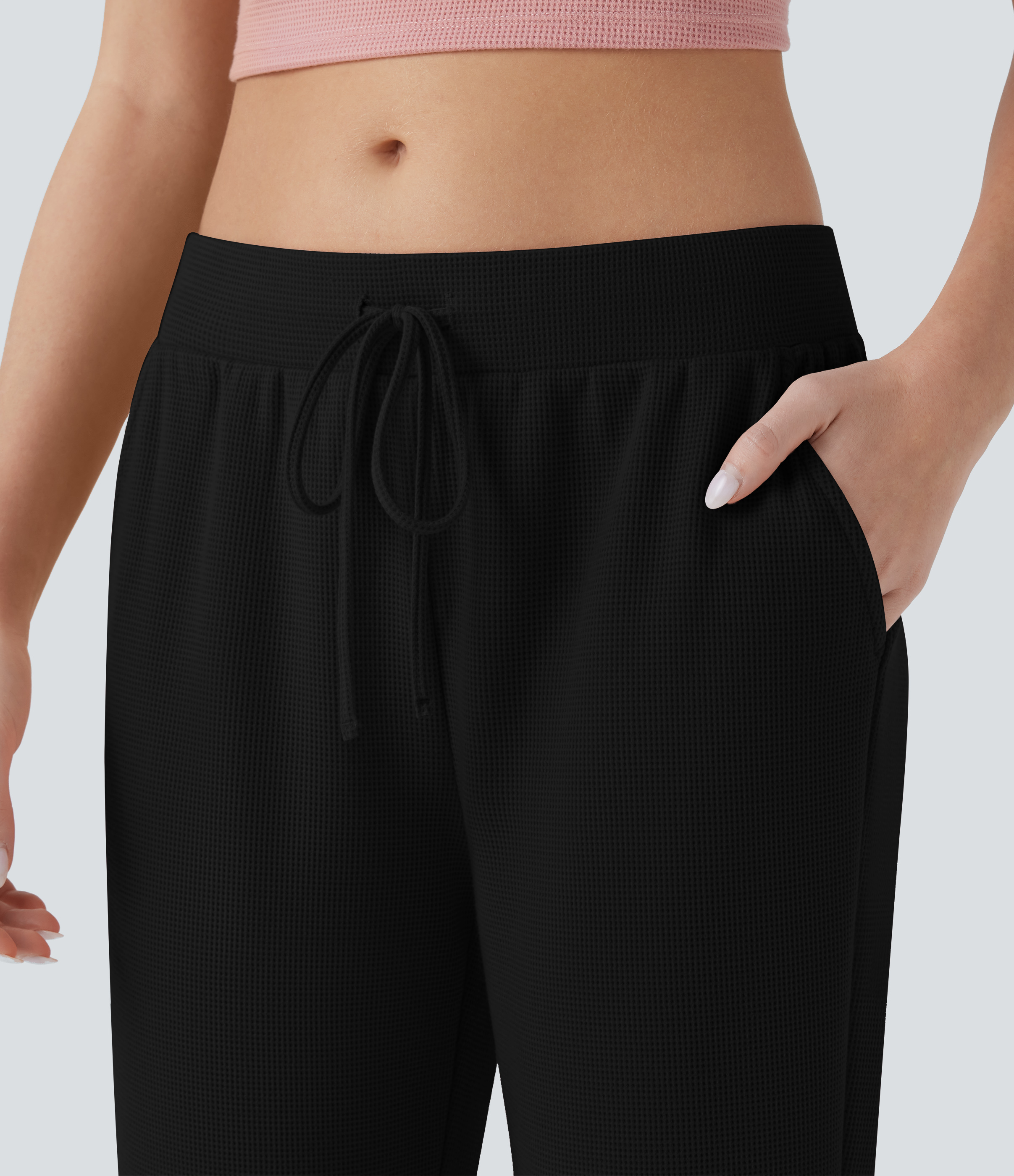 Halara Low Rise Drawstring Side Pocket Tapered Waffle Lounge Pants  - Black - XS(regular) 
