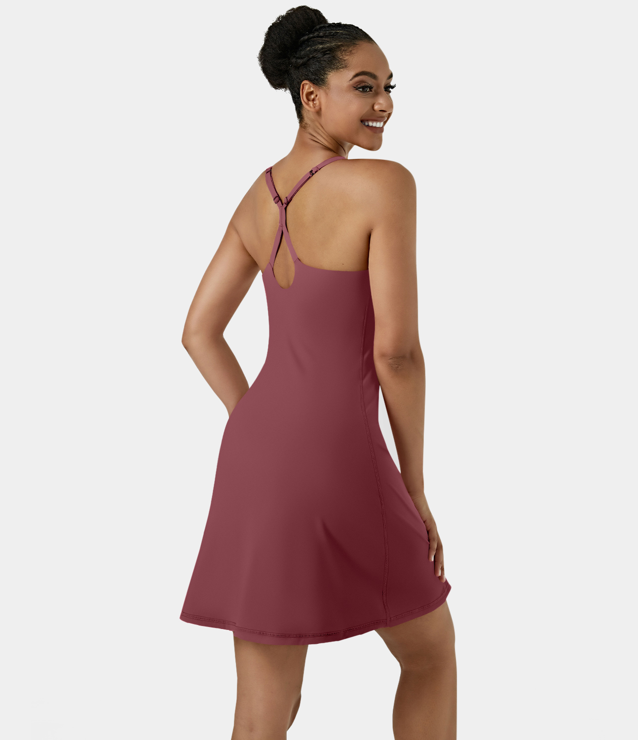 Halara Everyday Cloudfulв„ў Air Fabric Backless 2-in-1 Cool Touch Activity Dress-Euphoria Air-Longer Dress & Adjustable Straps Workout Dress - Cordovan - XS 