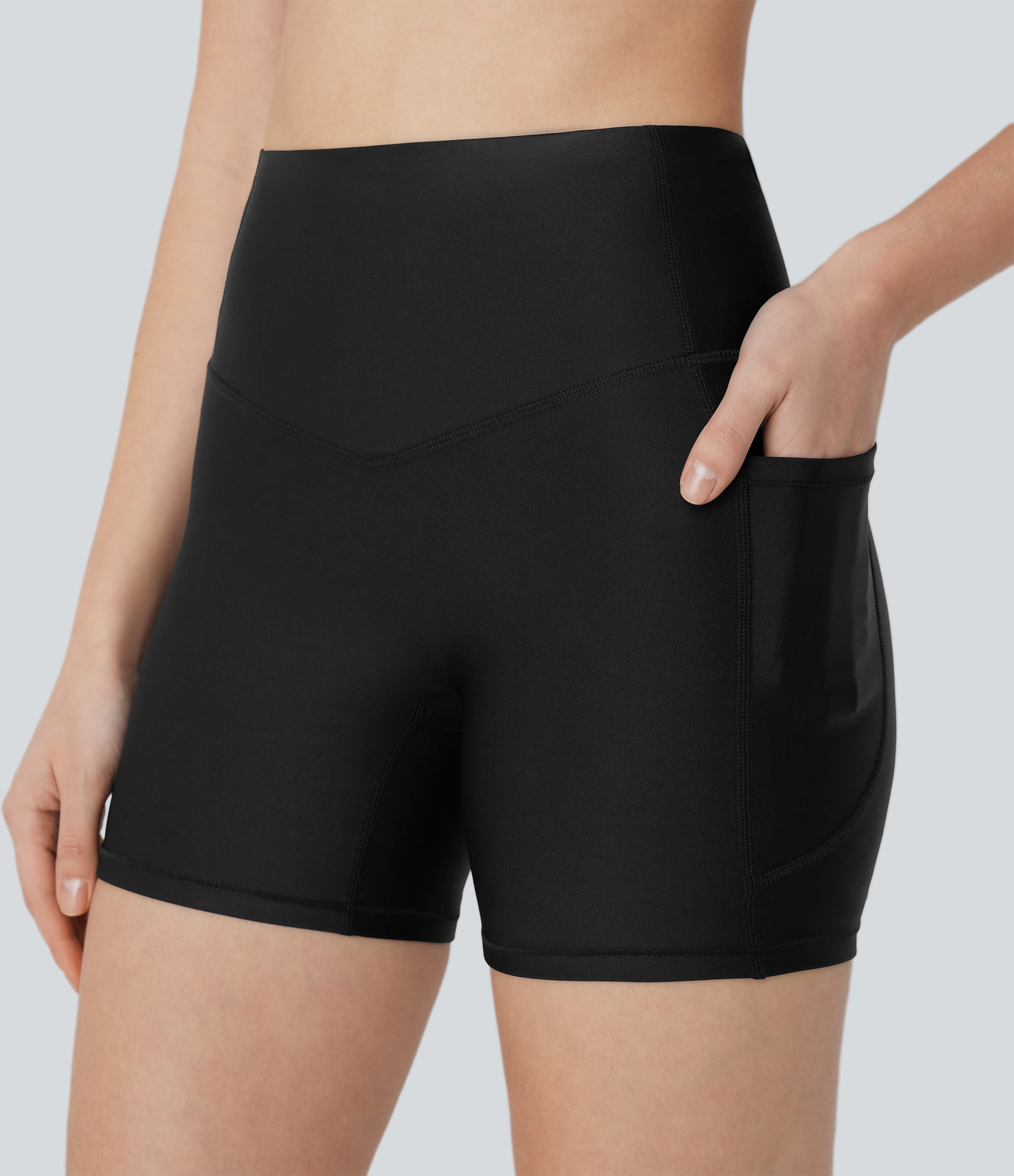 Halara SoCinched High Waisted Tummy Control Side Pocket Sheen Running Biker Shorts 5``  - Black - XS biker shorts women black biker shorts 