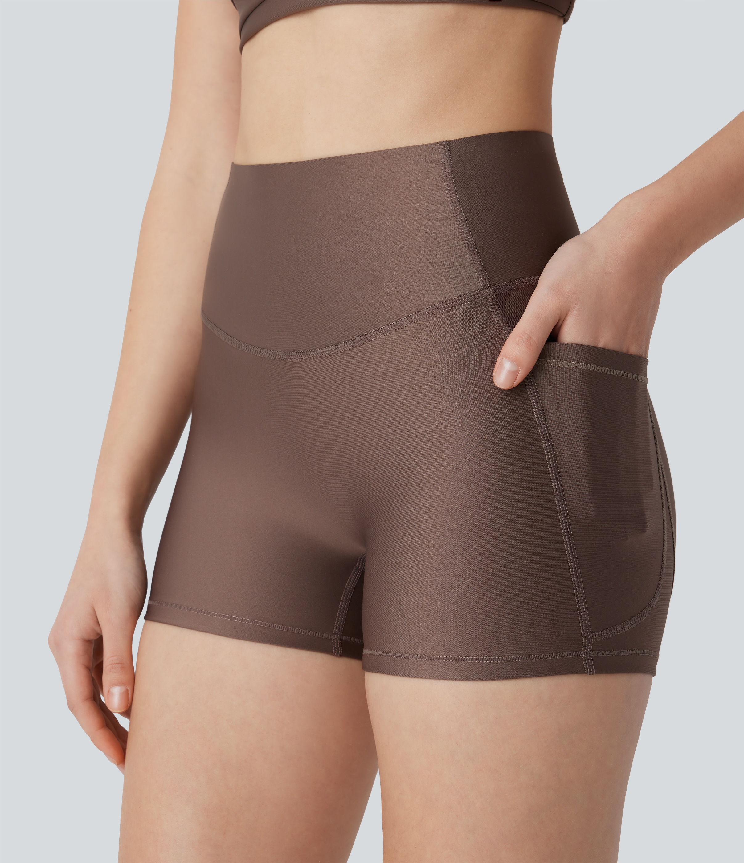 Halara SoCinched High Waisted Tummy Control Side Pocket Sheen Running Biker Shorts 3``  - Hay Brown - L biker shorts women black biker shorts 