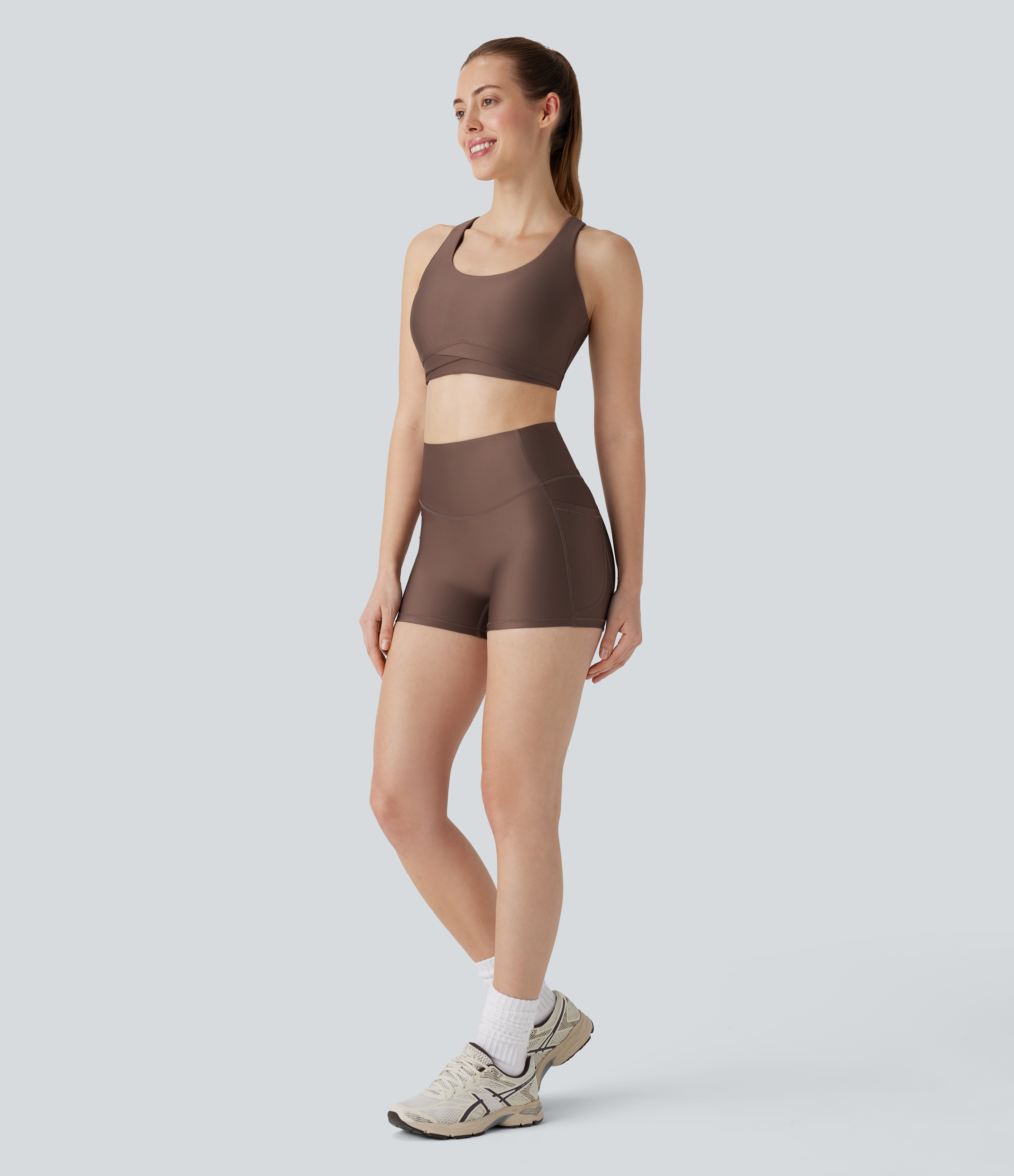 Halara SoCinched High Waisted Tummy Control Side Pocket Sheen Running Biker Shorts 3``  - Hay Brown - L biker shorts women black biker shorts 