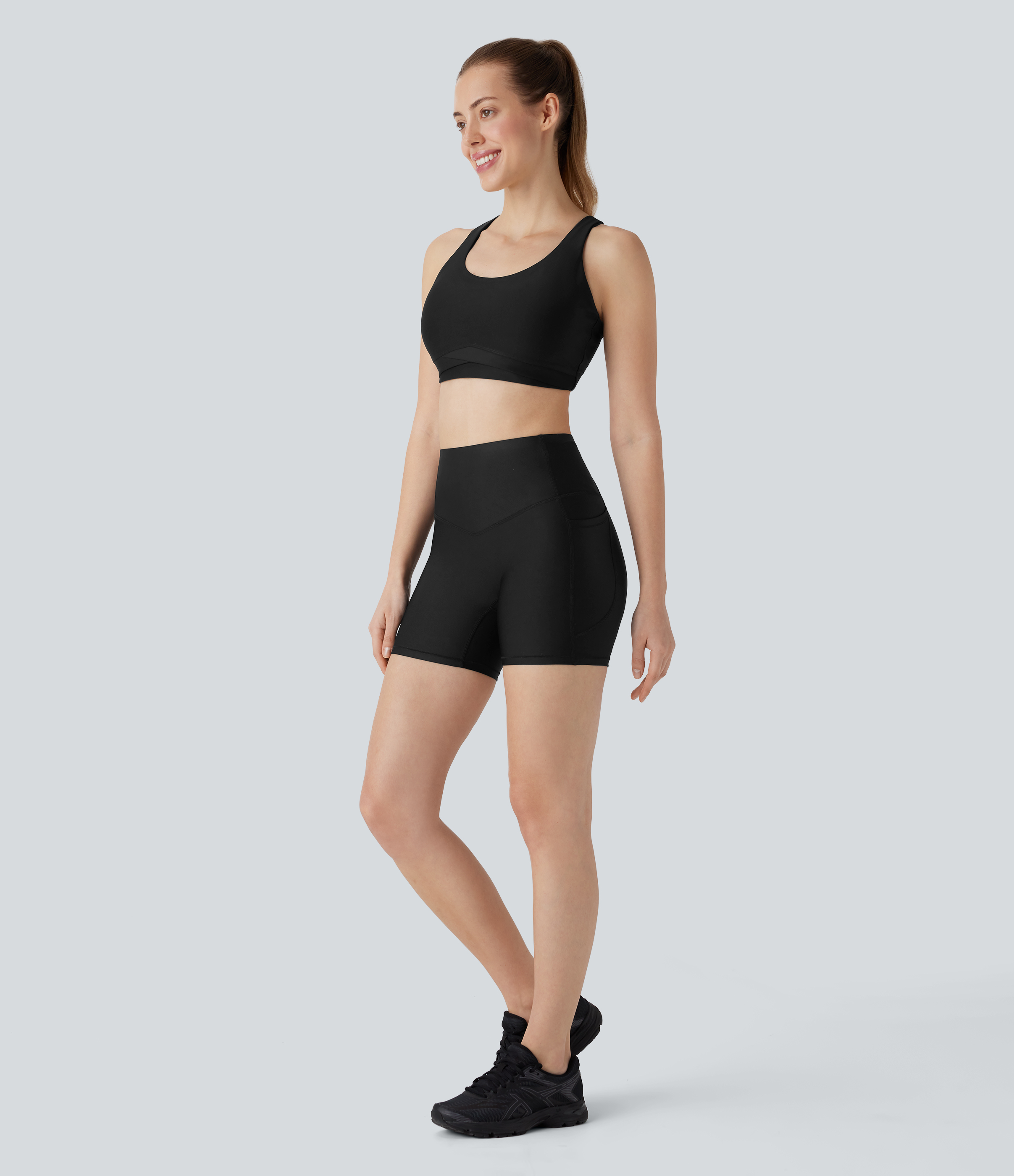 Halara SoCinched High Waisted Tummy Control Side Pocket Sheen Running Biker Shorts 5``  - Black - XS biker shorts women black biker shorts 