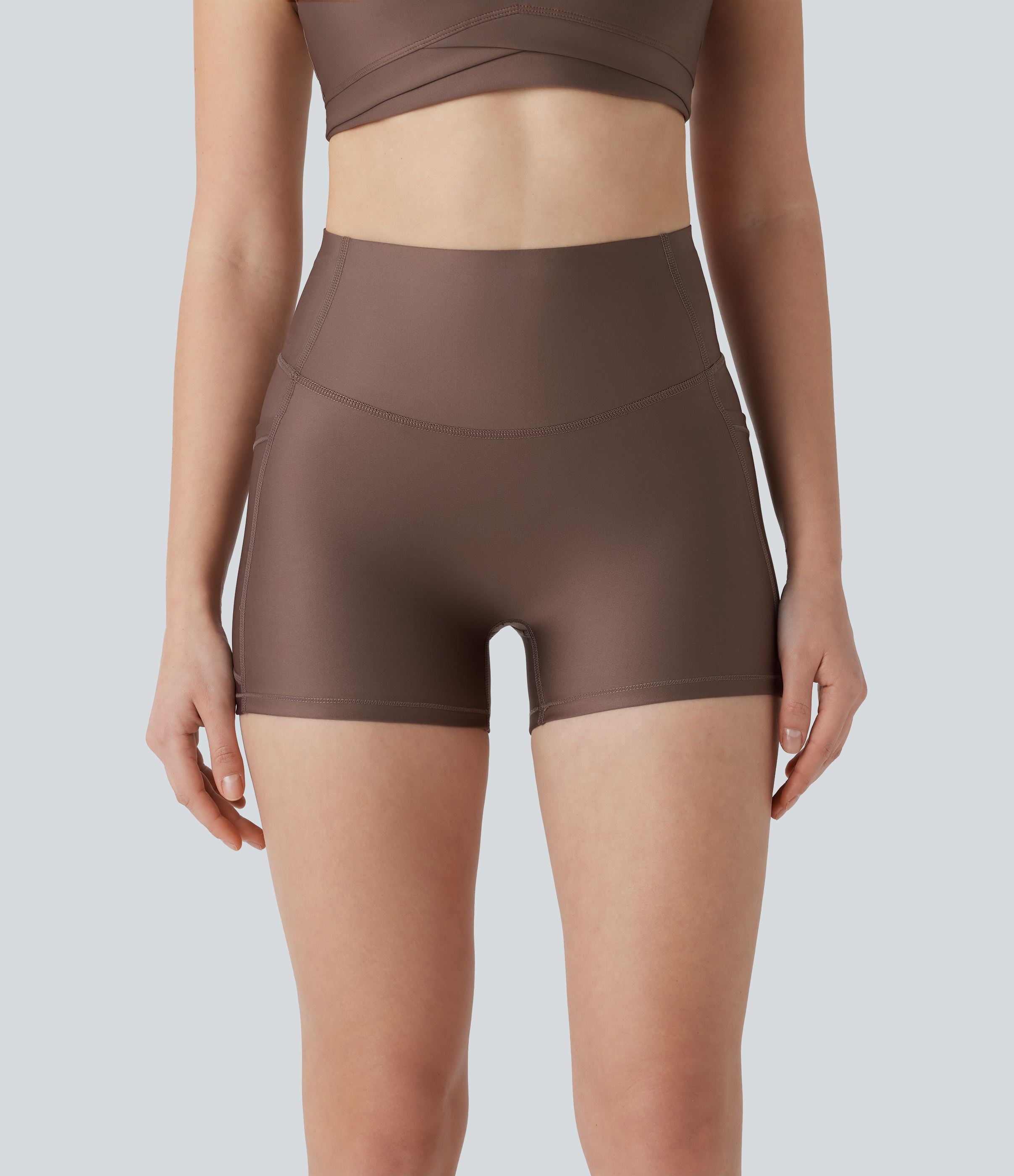 Halara SoCinched High Waisted Tummy Control Side Pocket Sheen Running Biker Shorts 3``  - Hay Brown - L biker shorts women black biker shorts 