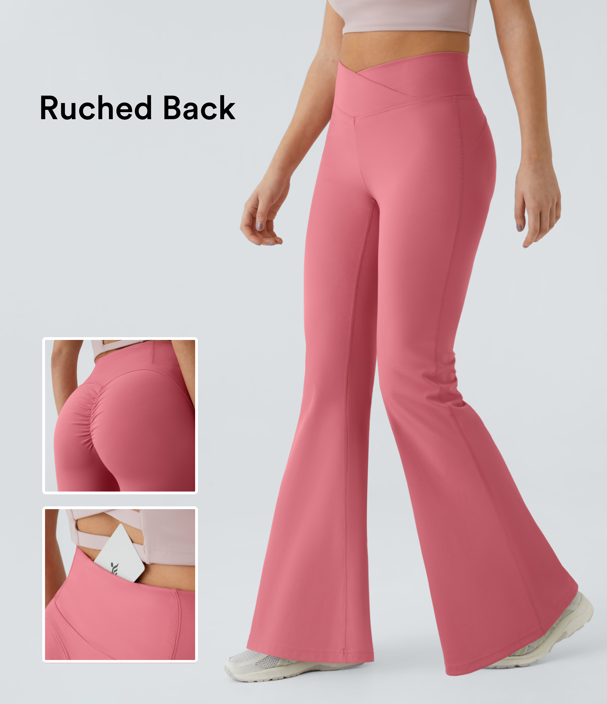 Halara Cloudfulв„ў Fabric High Waisted Crossover Back Pocket Ruched Butt Lifting Super Flare Yoga Leggings  - Begonia Rouge - XL gym leggings 