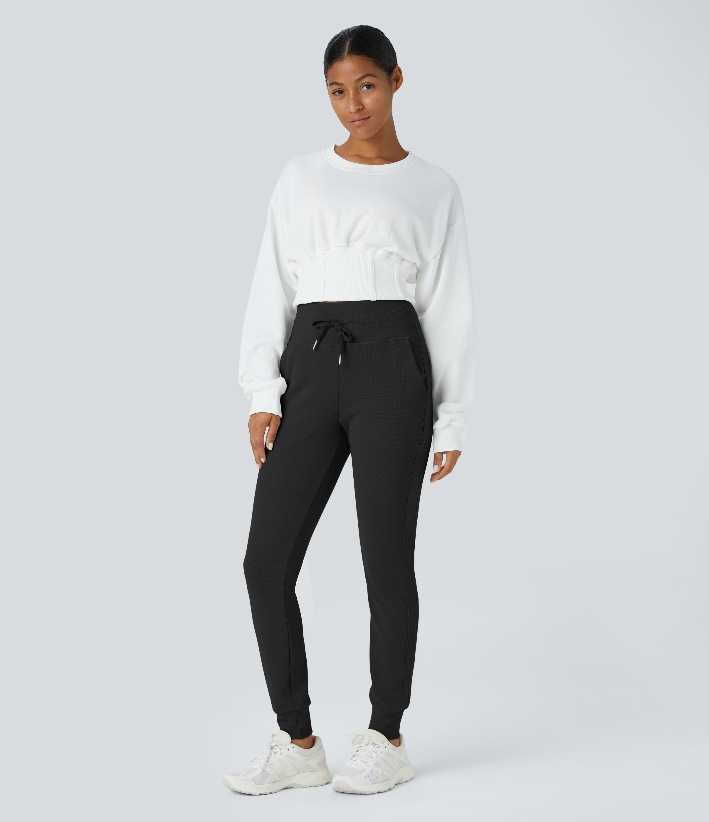 Halara High Waisted Drawstring Side Pocket Full Length Waffle Yoga Joggers  - Black - L(regular) 