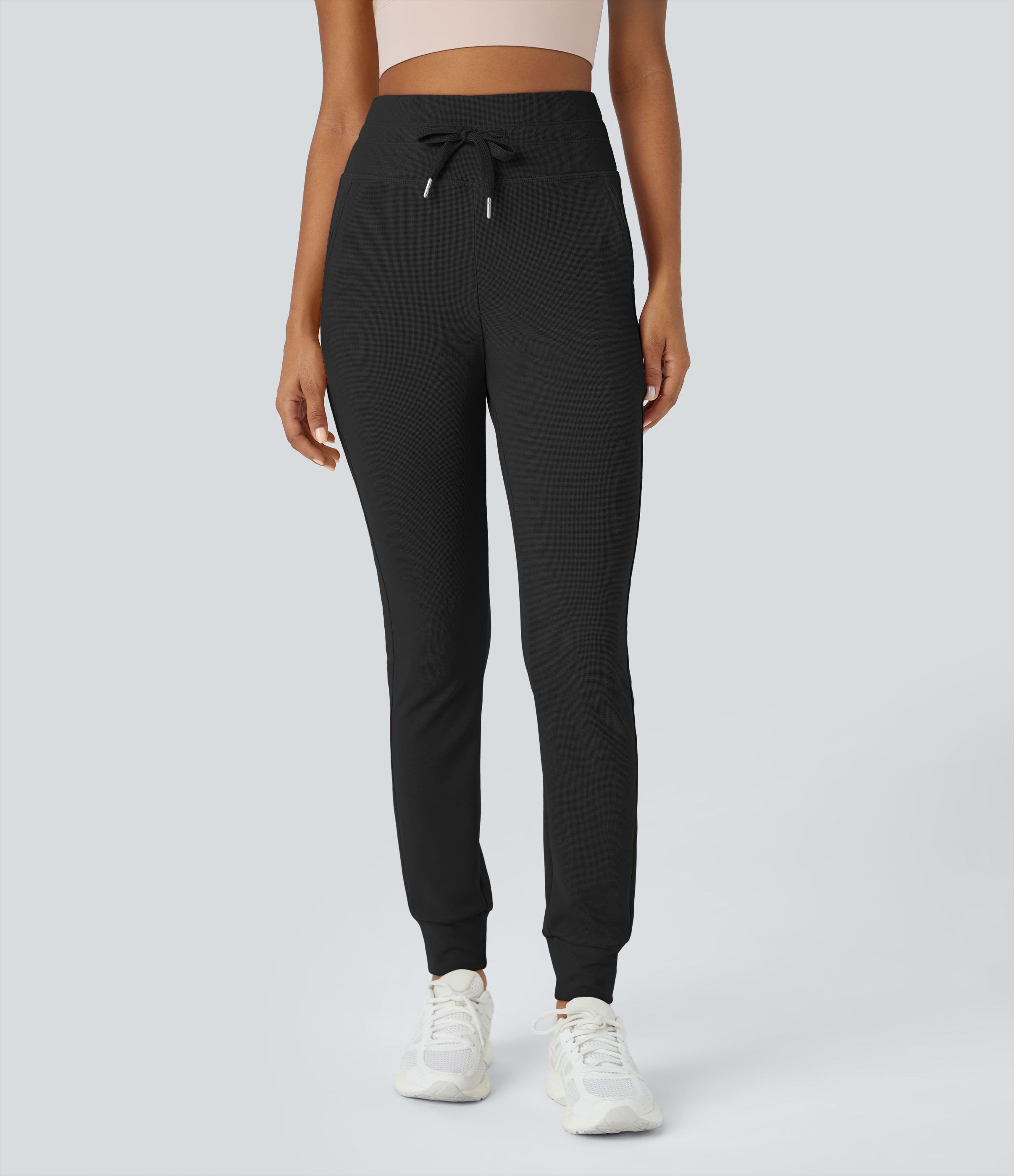 Halara High Waisted Drawstring Side Pocket Full Length Waffle Yoga Joggers  - Black - L(regular) 