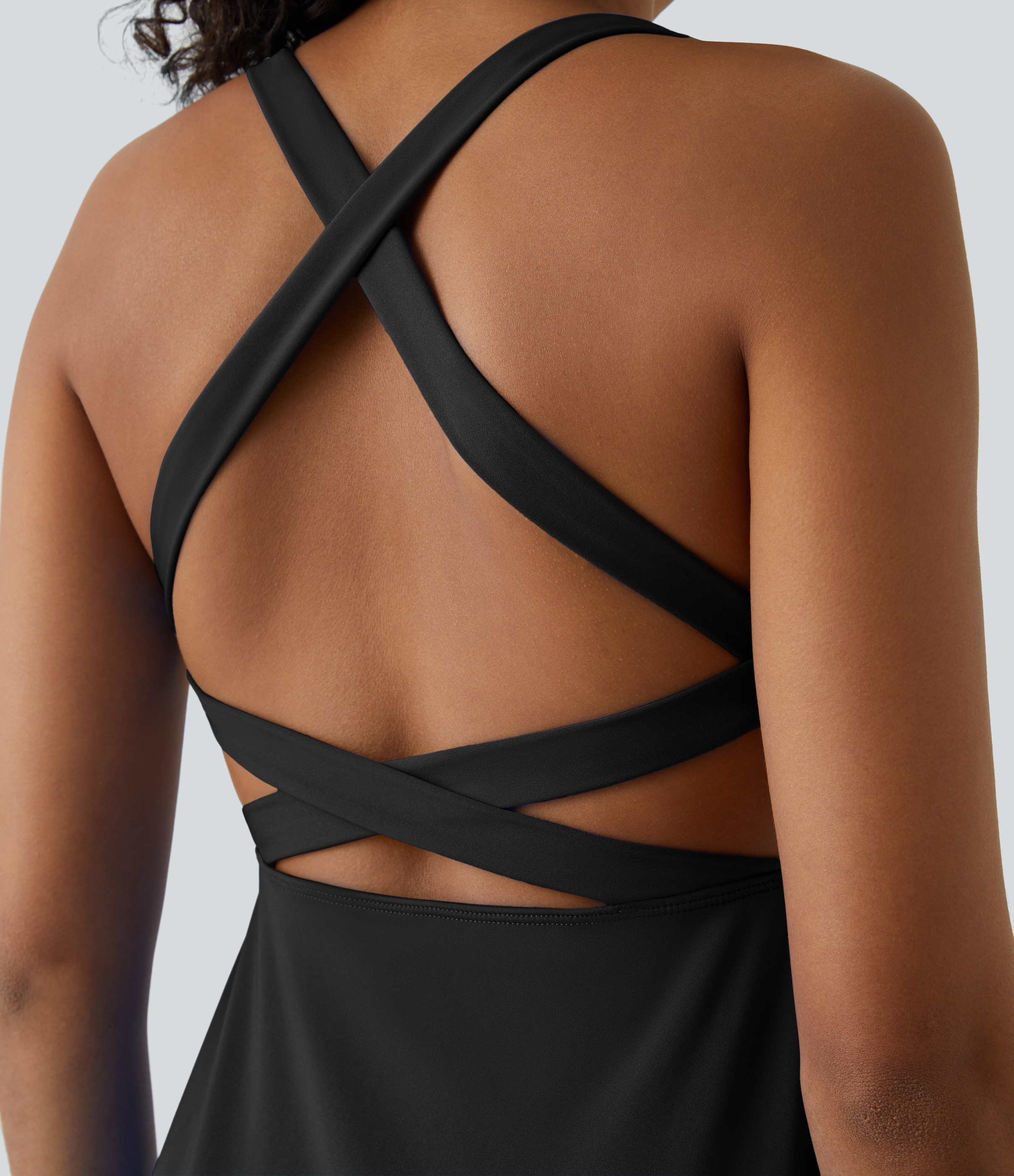 Halara Crisscross Backless Flare 2-Piece Pocket Dance Active Dress Workout Dress - Black - L 