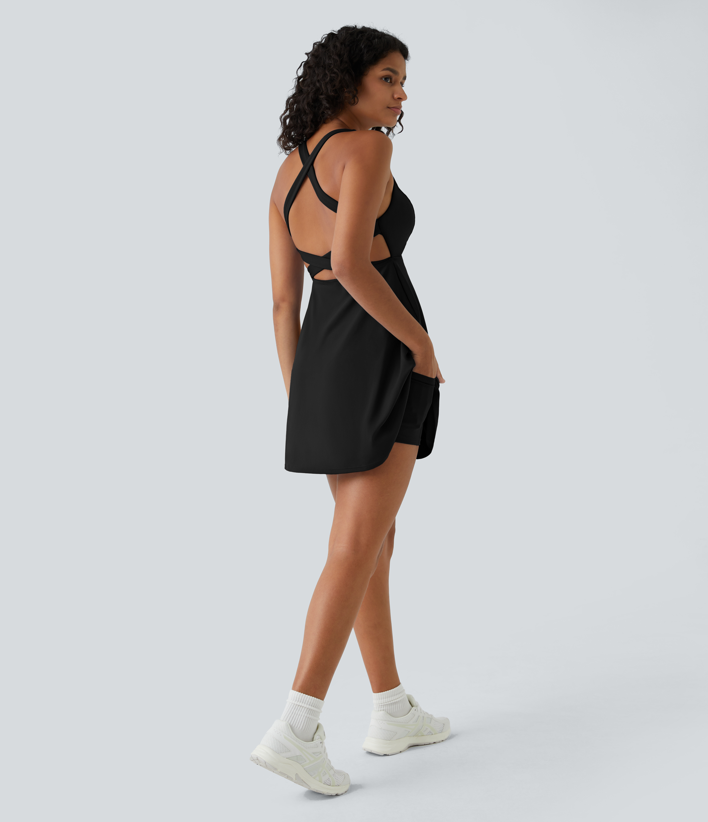 Halara Crisscross Backless Flare 2-Piece Pocket Dance Active Dress Workout Dress - Black - L 
