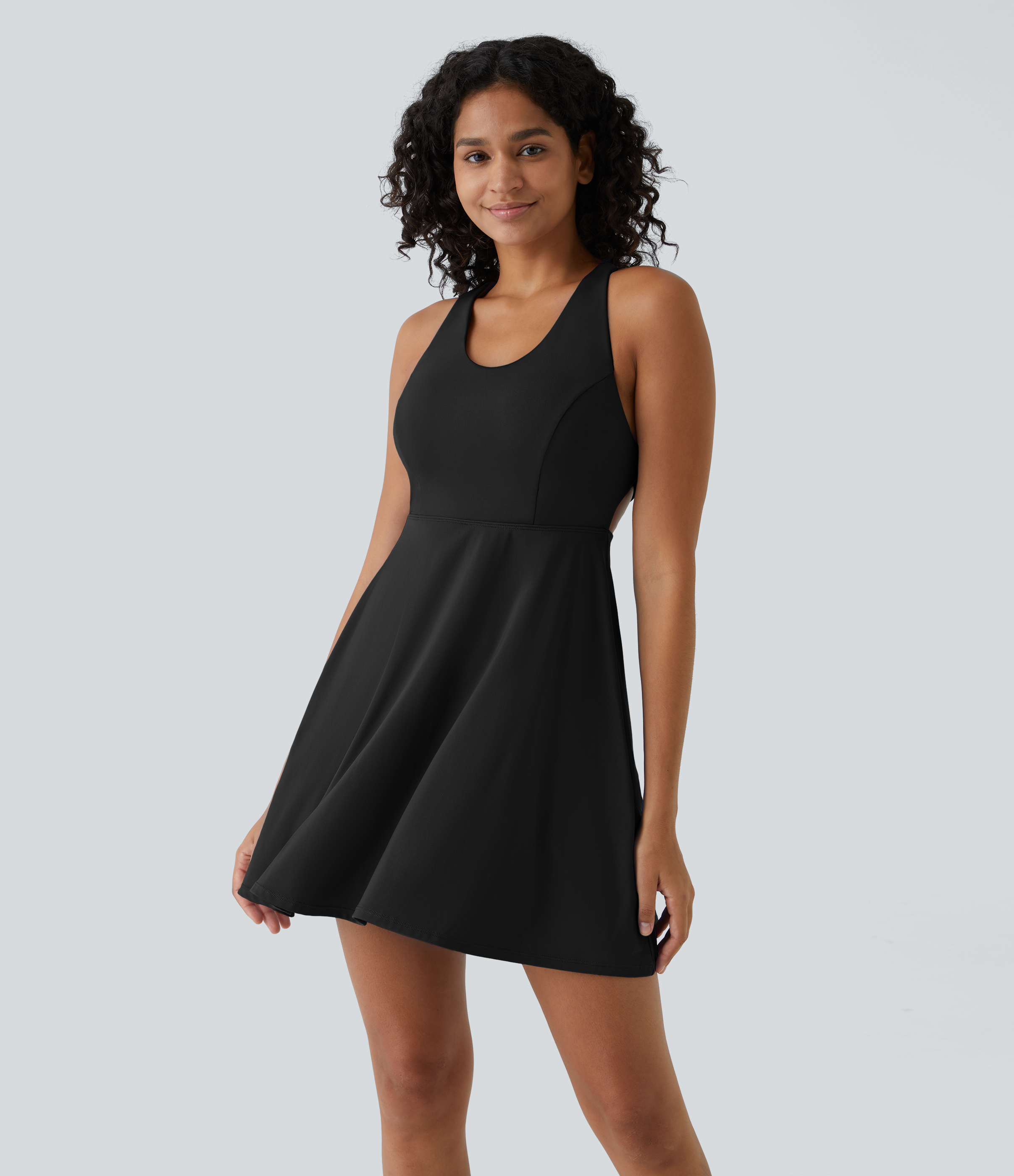 Halara Crisscross Backless Flare 2-Piece Pocket Dance Active Dress Workout Dress - Black - L 
