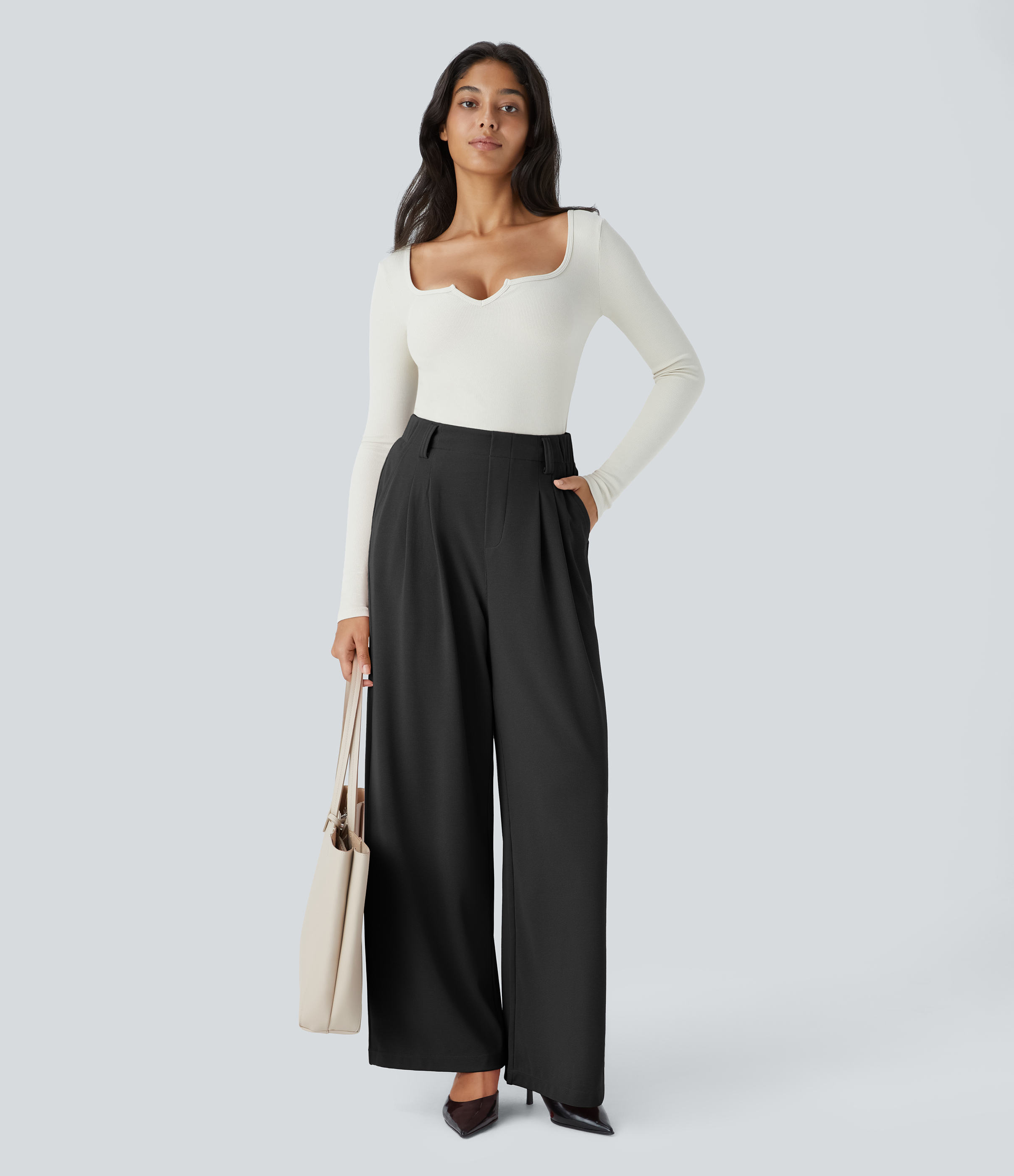 Halara HalaraFlexв„ў High Waisted Plicated Side Pocket Wide Leg Waffle Work Pants  - Black - L(regular) sweatpants jogger pants 