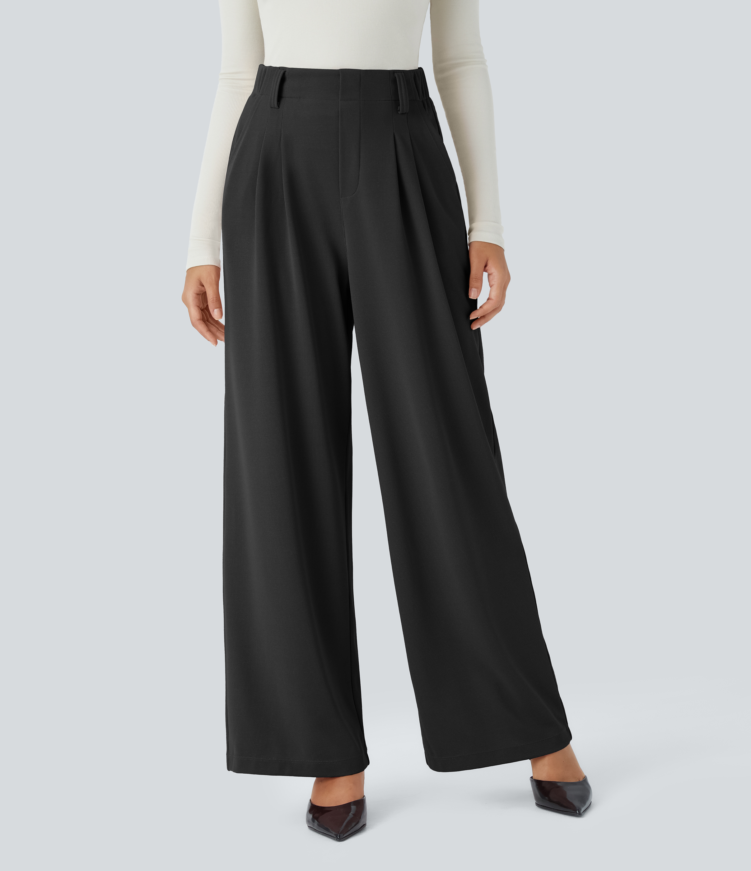 Halara HalaraFlexв„ў High Waisted Plicated Side Pocket Wide Leg Waffle Work Pants  - Black - L(regular) sweatpants jogger pants 