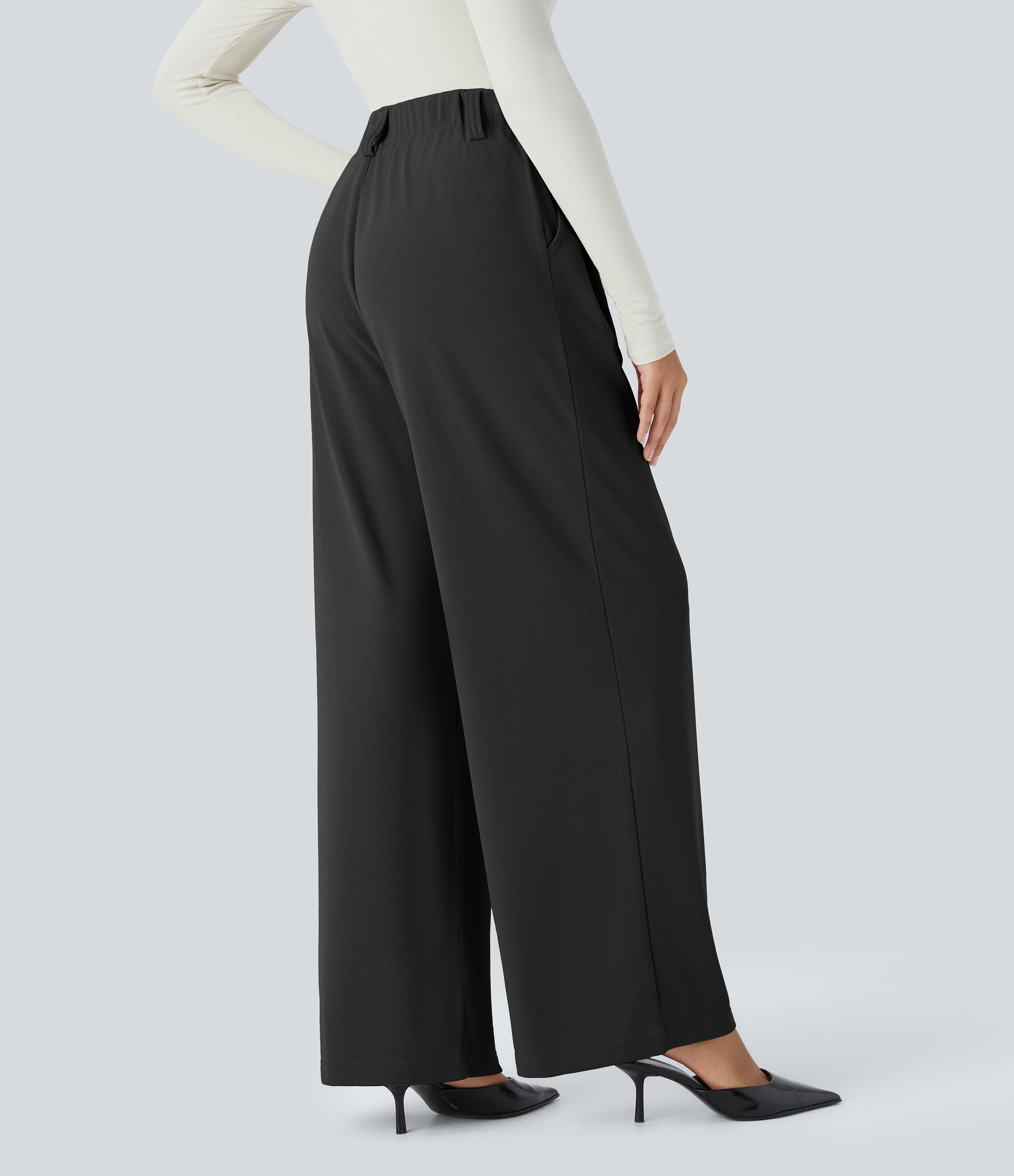 Halara HalaraFlexв„ў High Waisted Plicated Side Pocket Wide Leg Waffle Work Pants  - Black - L(regular) sweatpants jogger pants 