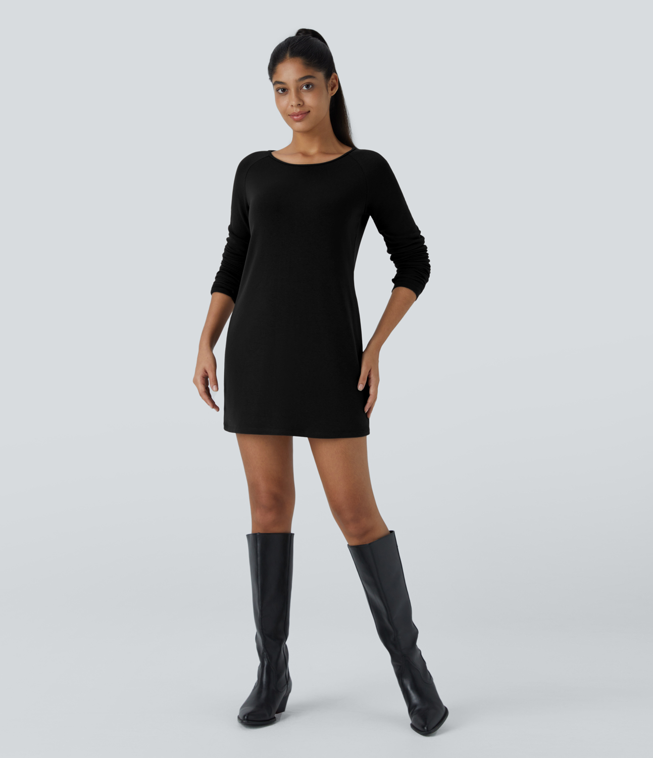 Halara Raglan Long Sleeve Thumb Hole Thermal Mini Casual Dress Casual Dress - Black - L slip dress beach dress ruched dress halter dress 