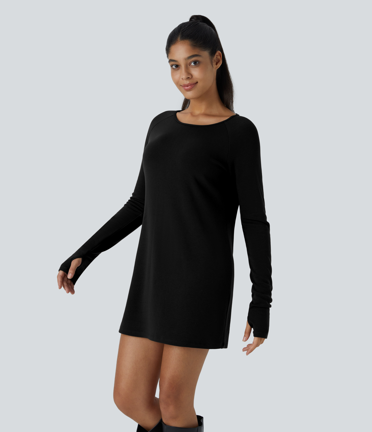 Halara Raglan Long Sleeve Thumb Hole Thermal Mini Casual Dress Casual Dress - Black - L slip dress beach dress ruched dress halter dress 